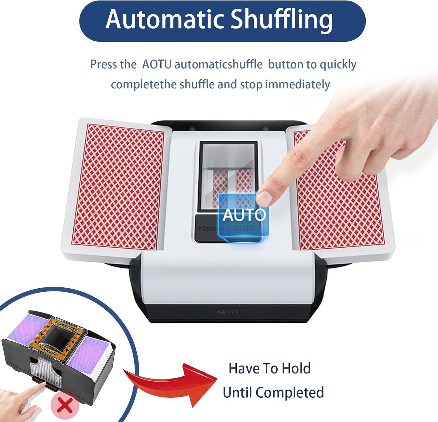 Automatic Card Shuffler, 1-2 Decks One-Press Auto and Manual Mode, Portable Low- Noise Electric Shuffling Machine, Suitable for UNO, Poker, Phase 10, Skip-Bo, Card Games