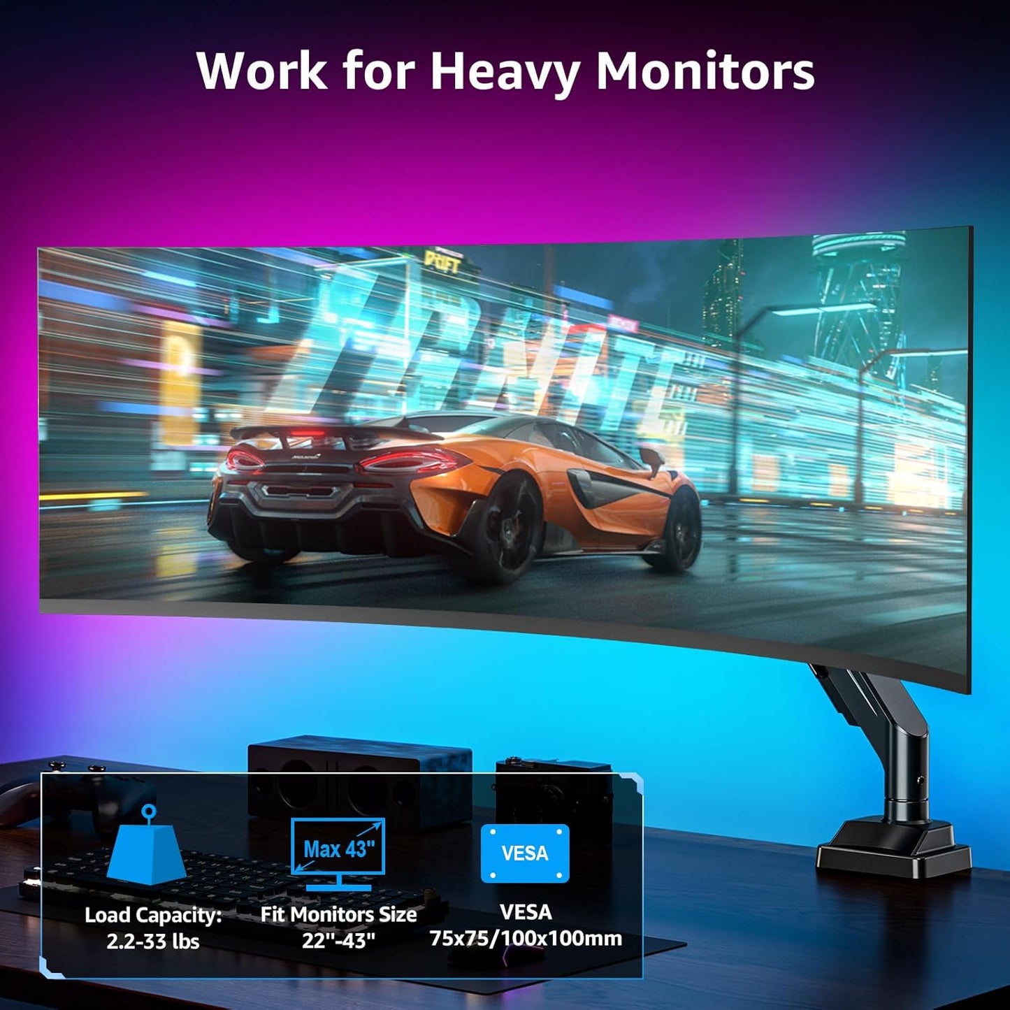 MOUNTUP Ultrawide Monitor Arm for 22-43 inch Curved Screen, Holds 2.2 to 33 lbs, Heavy Duty Monitor Desk Mount, Adjustable Gas Spring Arm, Computer Monitors Stand for Desk, VESA Mount