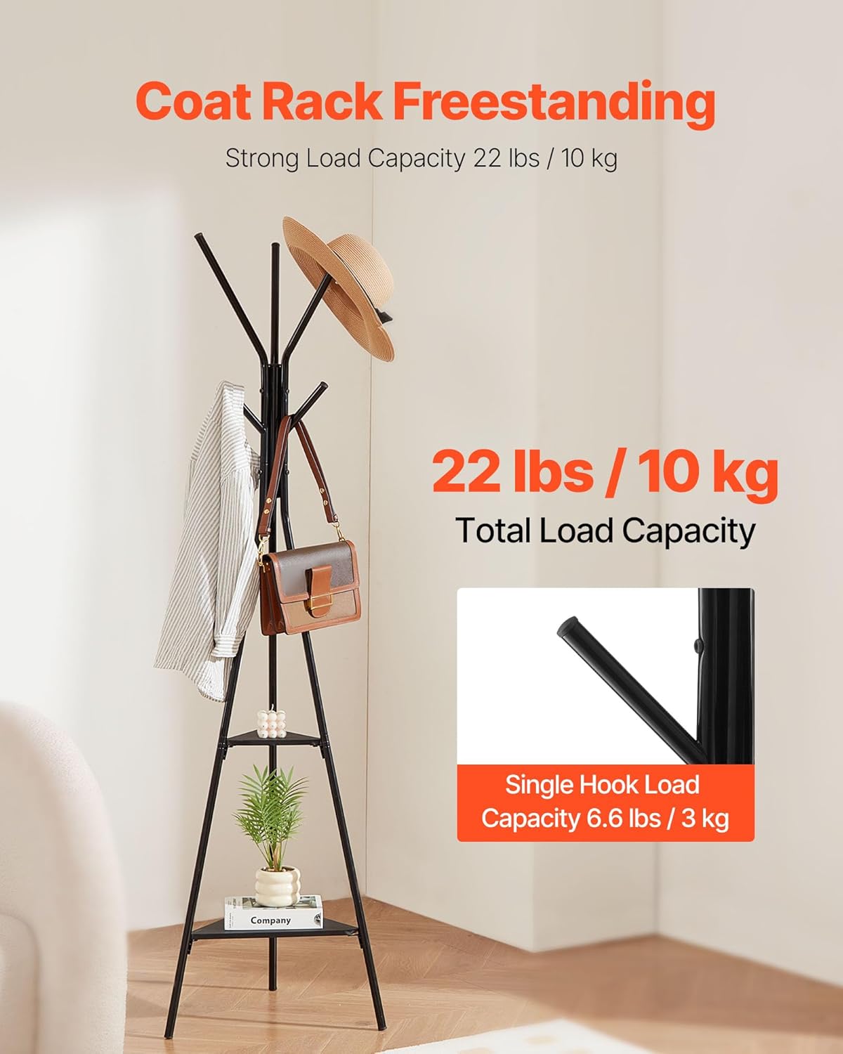 VEVOR Coat Rack, Freestanding Coats Rack Stand with 2 Shelves & 6 Hooks, Free Standing Hall Coat Tree for Entryway, Bedroom, Living Room, Modern Clothes Hanger Stand for Coats, Hats, Scarves, Handbags