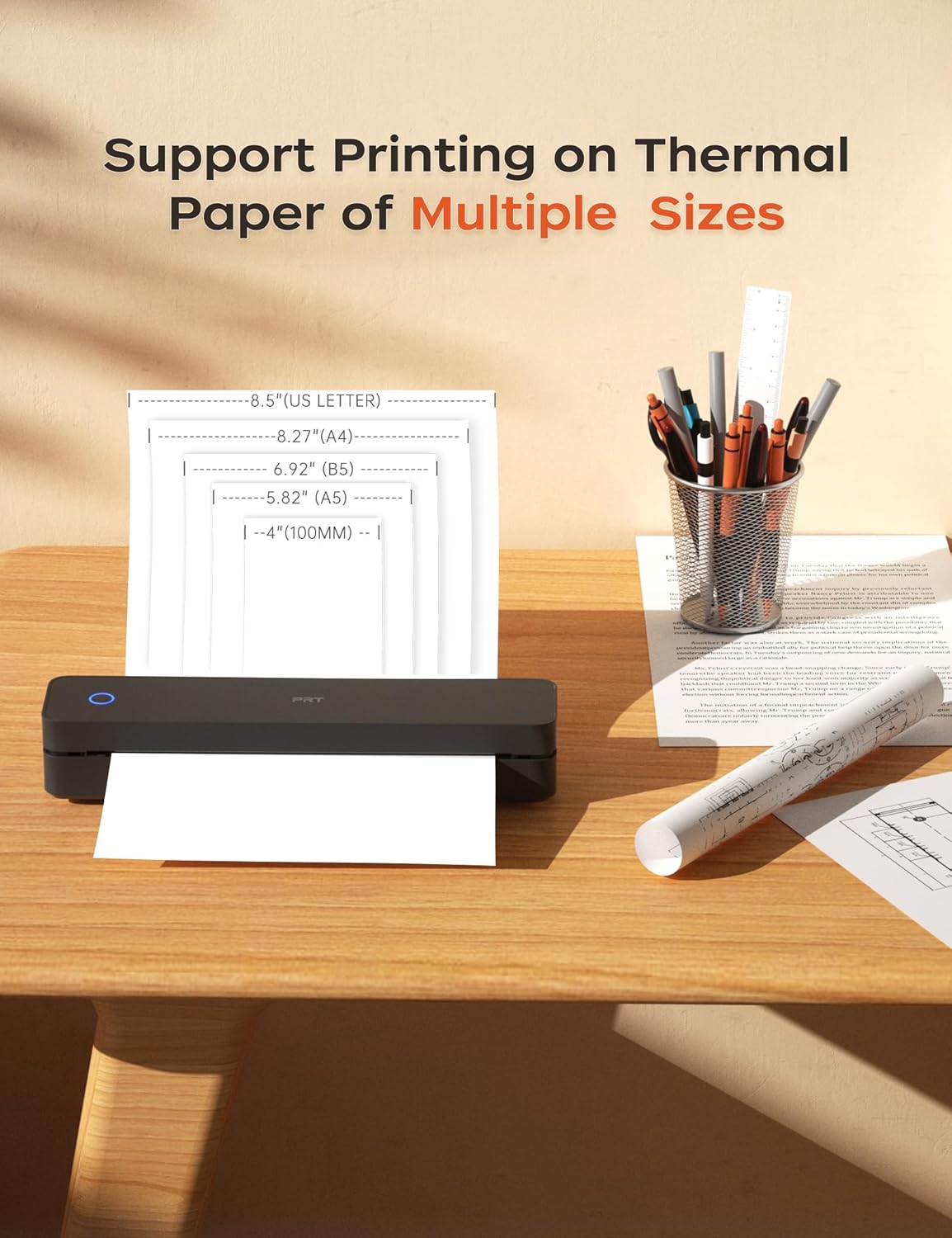 PRT Portable Printer Wireless for Travel, Inkless Bluetooth Small Mobile Thermal Printer, Support 8.5" X 11", A4, Compatible with iOS, Android, Laptop for Home Use, Office & Vehicles, 300 DPI, Black