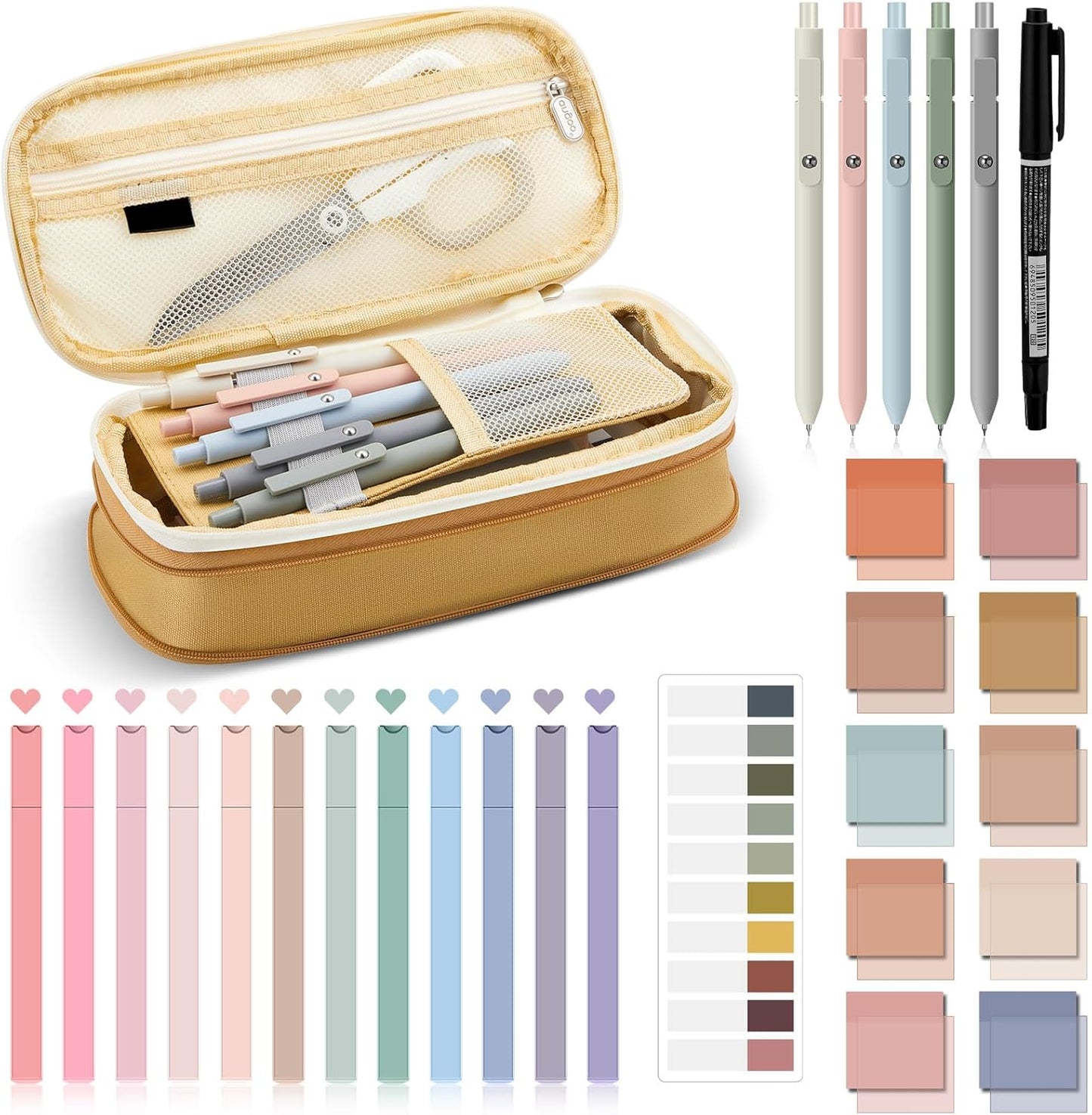 Jutom 39 Pcs Aesthetic Book Annotation Kit Highlighter with Pencil Case Bag Gel Pen Transparent Sticky Note Taking Bible Study College School Supplies(Khaki,Cute Style)
