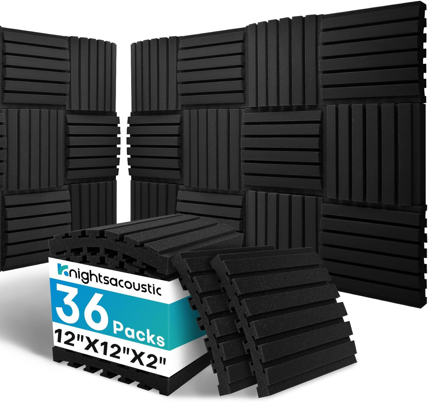 36Packs Curved Sound Proof Foam Panels for Walls, 2" Acoustic Panels Sound Absorbing Dampening, Soundproofing Noise Reducing Cancelling Treatments for Home Office Recoding Studio Decor, 2x12x12 Black