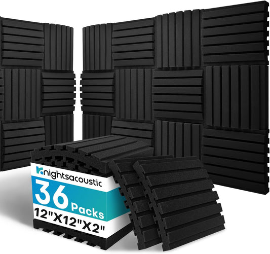 36Packs Curved Sound Proof Foam Panels for Walls, 2" Acoustic Panels Sound Absorbing Dampening, Soundproofing Noise Reducing Cancelling Treatments for Home Office Recoding Studio Decor, 2x12x12 Black