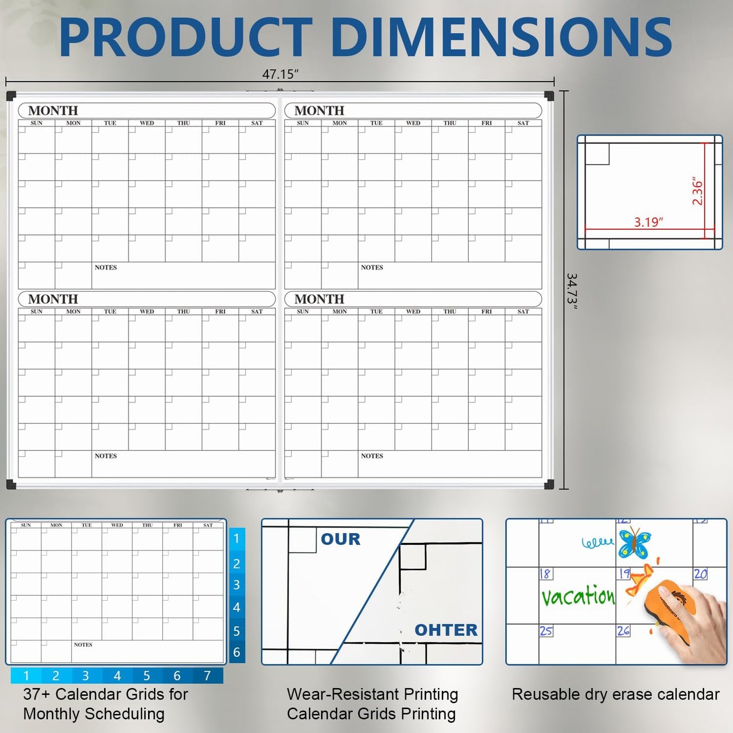 XBoard Magnetic Calendar Whiteboard 48x36 inch, 4 Month Foldable Dry Erase Board Planner, Silver Aluminium Framed White Board Calendar for Home School Office Organization