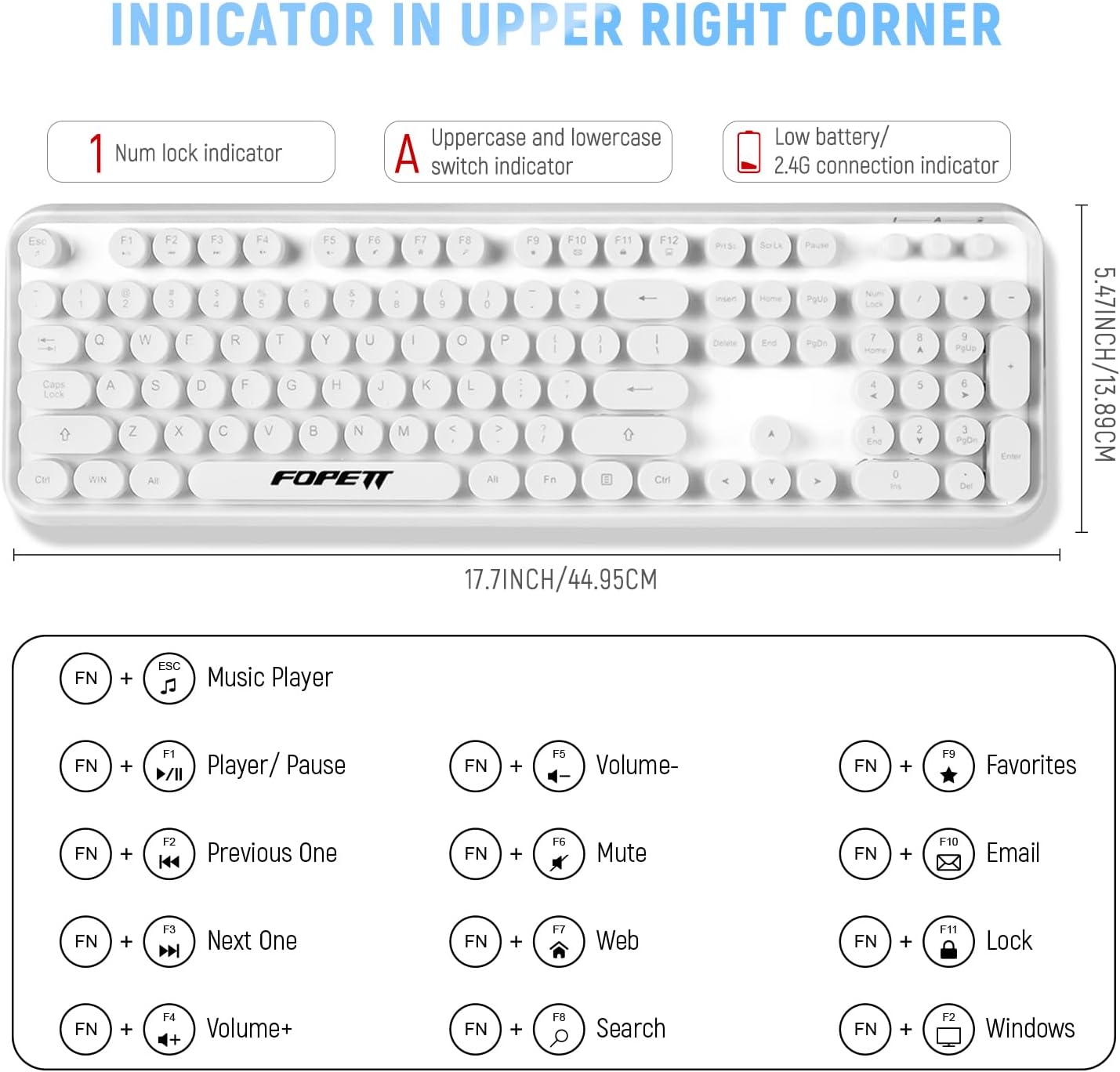 FOPETT Wireless Keyboard and Mouse Combo - 2.4G Full-Sized White Keyboard with Round Keycaps 104 Keys Typewriter Keyboard for Laptop/Windows/PC - White