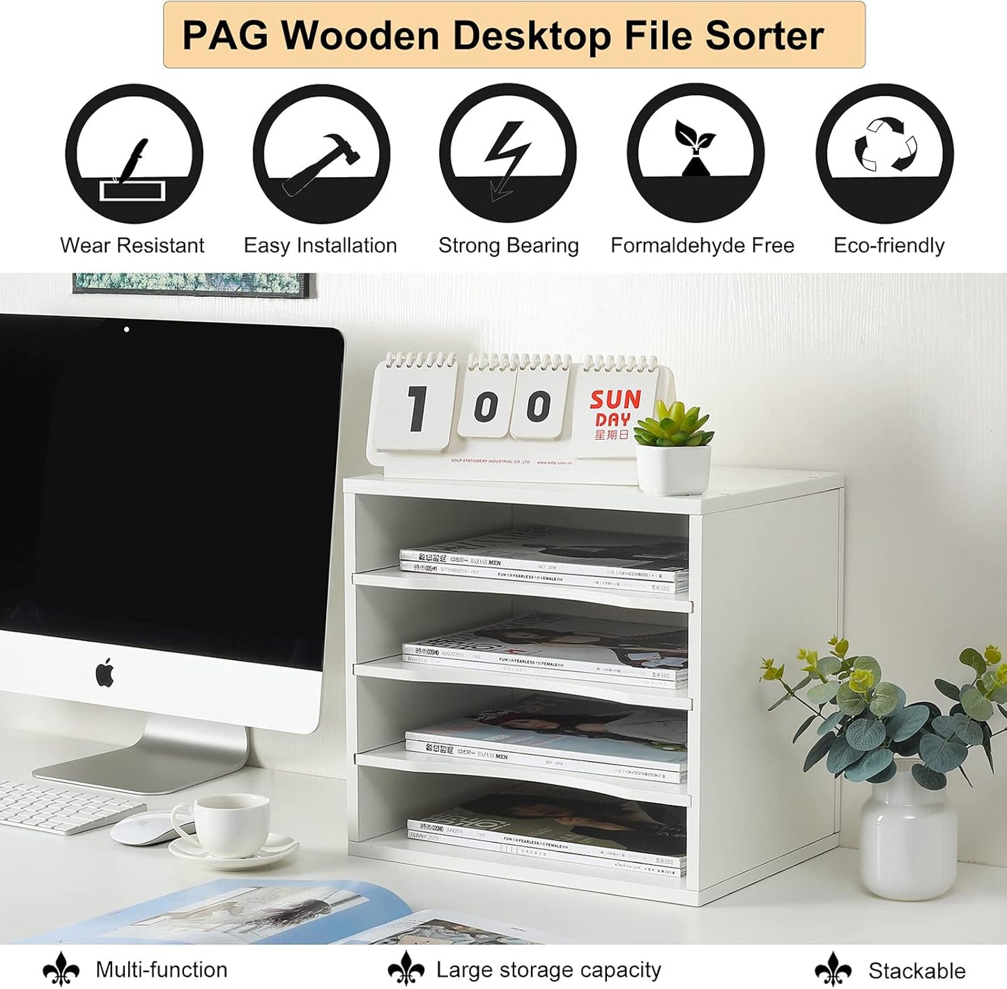 PAG Mail Sorter Organizer, Wood Countertop Literature Organizer, Office Supplies Desktop File Bill Paper Organizer for Office Home School, 4 Compartments, White