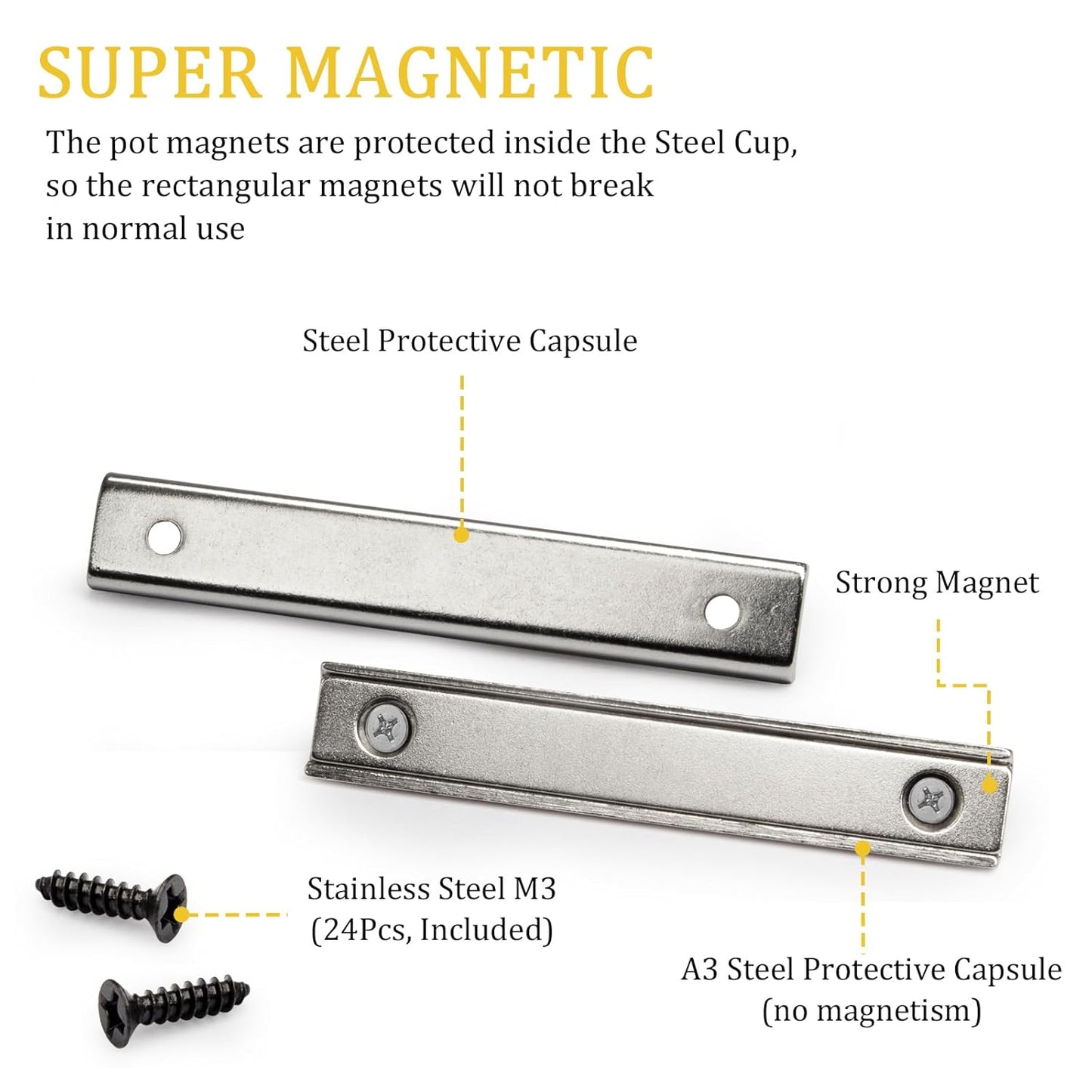 Strong Neodymium Thin Steel Bar Magnets, 3 Inch Heavy Duty Industrial Rare Earth Bar Magnets with Screw for Holding Handle Tools(12P, Sliver)