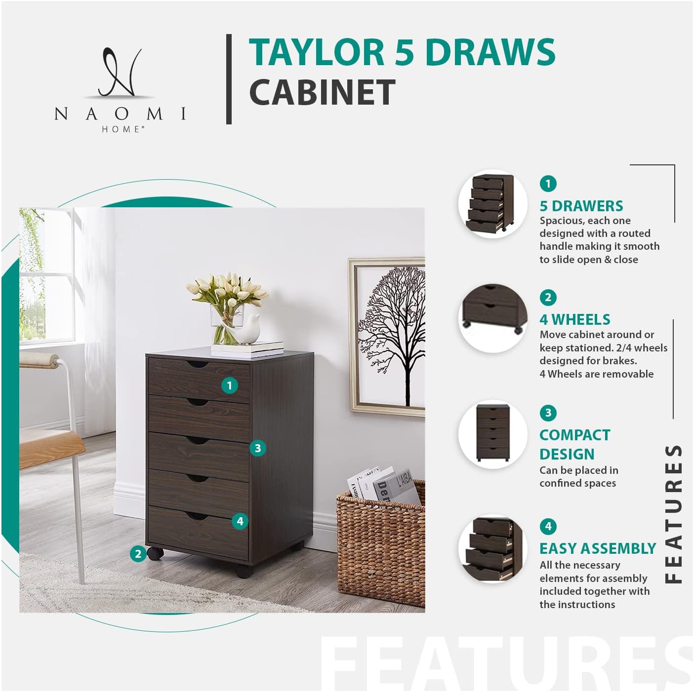 Naomi Home 5 Drawer Dresser for Bedroom Stylish Tall Dressers with Wheels Storage Shelves Small Dresser for Closet Makeup with 180 lbs Capacity - Distressed Black