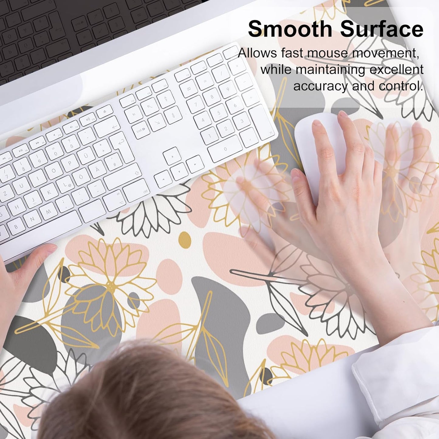QiyI Large Mouse Pad, Extended Desk Mat for Desktop, PU Leather Waterproof Gaming Mousepad, Computer Desk Accessories Protector Writing Pads for School Office Home 31.5" x 15.7" - Line Art Flowers