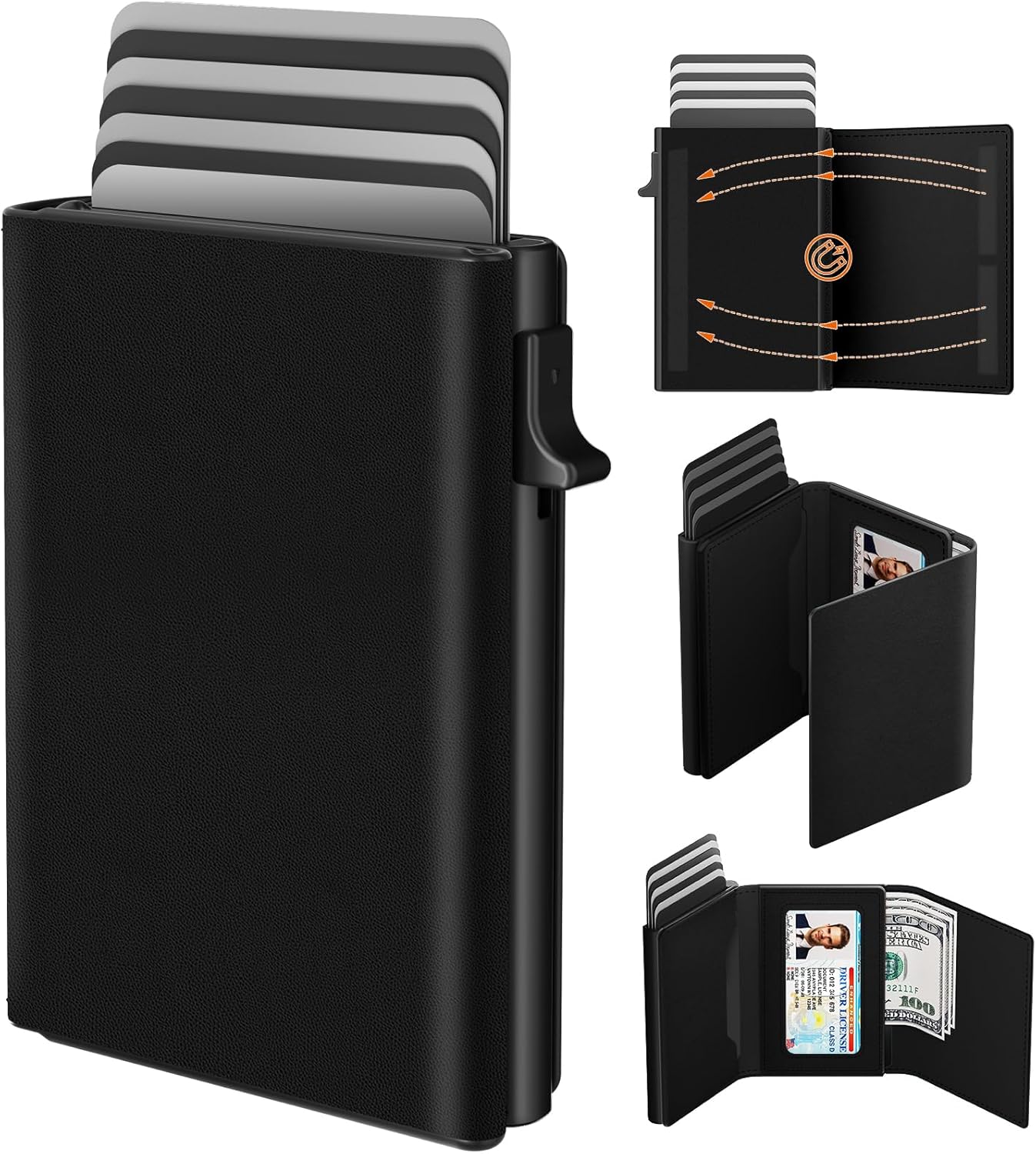 Mens Wallet Card Holder - Pop Up Aluminum Case, Premium Flexible Microfiber Leather, Smart Wallet for Men, RFID Blocking, Slim, Minimalist, Front Pocket - 9-14 Card Capacity | ID Window | Cash Slot