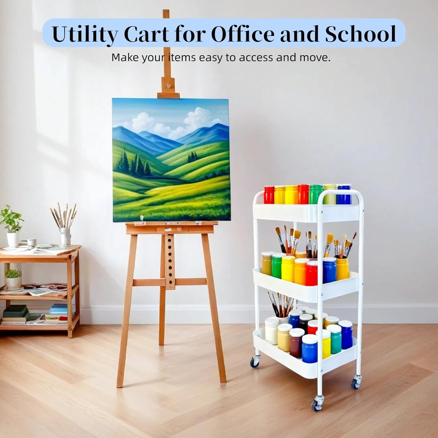 Metal 3 Tier Rolling Cart with Wheels for Kitchen Storage & Laundry Room Organization, Bedside Cart with Handle and 4 Hooks, Versatile Large Capacity Art & Craft Storage Organizer, White