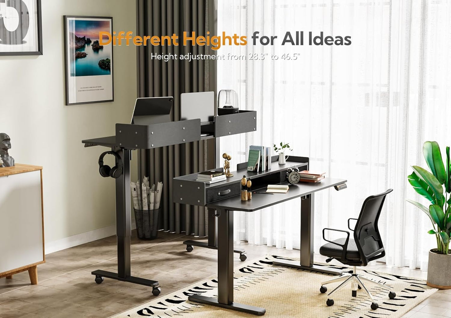 Claiks Standing Desk with Drawers, Stand Up Electric Standing Desk Adjustable Height, Sit Stand Desk with Storage Shelf and Splice Board, 48 Inch, Black
