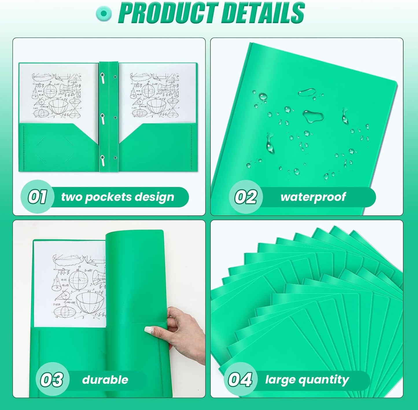 Lincia 100 Pcs Plastic Folders with Pockets and Prong Folders with Prongs 2 Pockets for Office, School for Students, Teachers, Office Workers(Green)