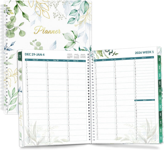 SUNEE 2026 Appointment Book, Quarter-Hourly, Weekly & Monthly - from January 2026 - December 2026, 8.5"x11" Weekly Planner, Flexible Cover, Note Pages, Pockets, Bookmark, Spiral Binding, Greenery