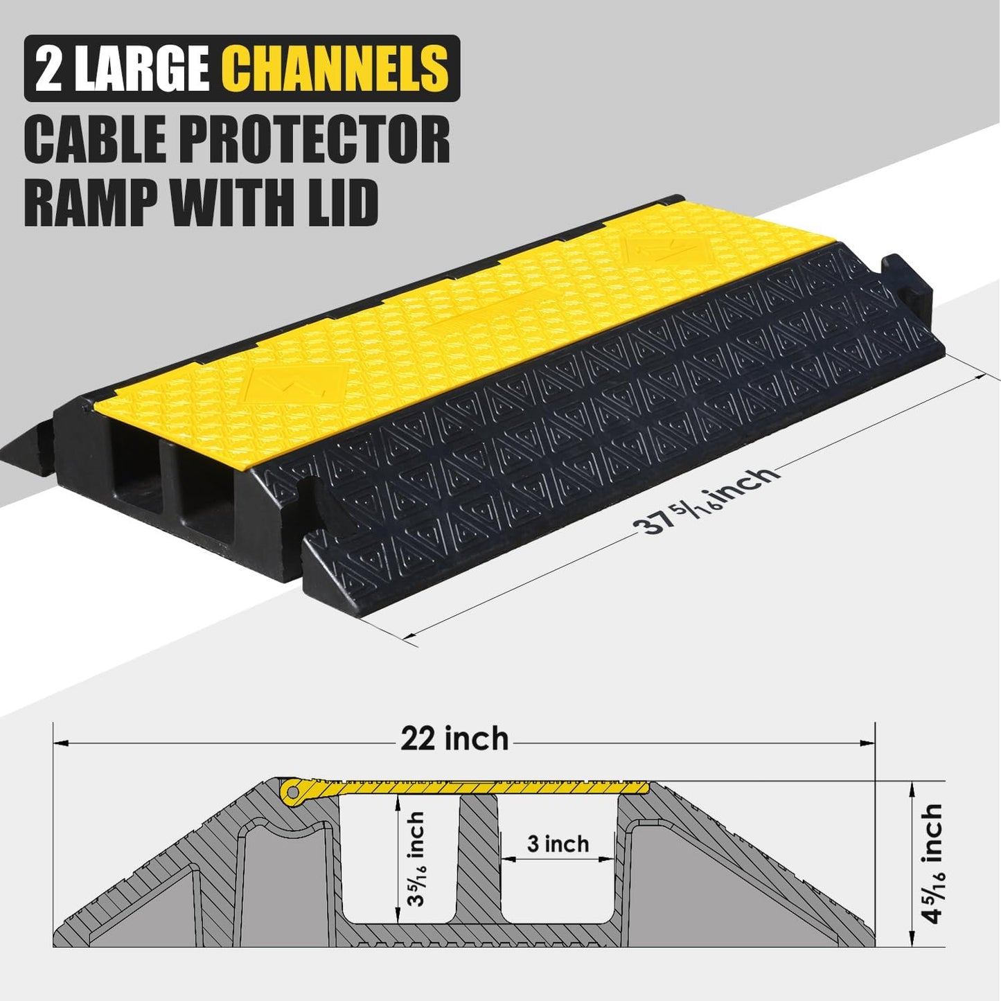 2 Large Channels Rubber Floor Cable Protector Ramp, Heavy-Duty Floor Cable Wire Cord Cover Speed Bumps, Driveway Hose Cable Ramp Protective Cover (2 Large Channels)