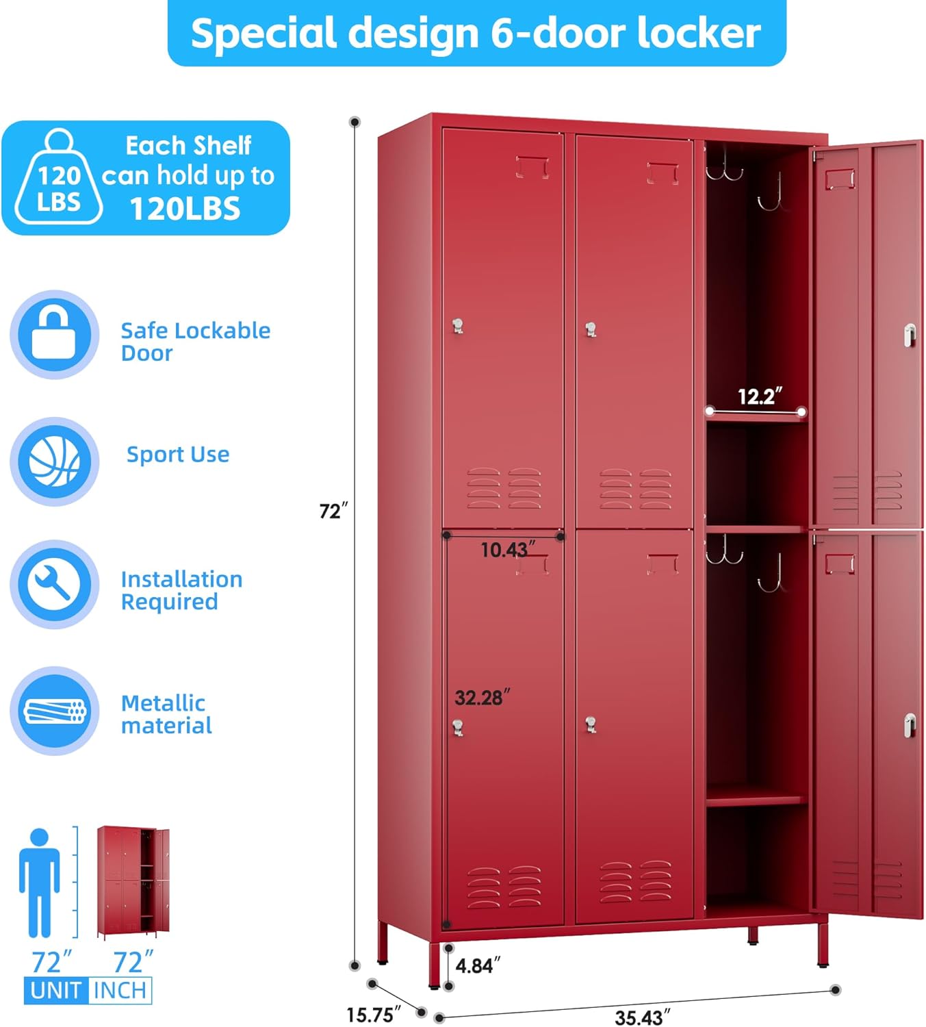 6 Doors Metal Locker with Business Card Holder and 18 Hooks,Metal Locker for Employees with Ventilation Holes for School Garage Office Gym Home,Assembly Required,Red