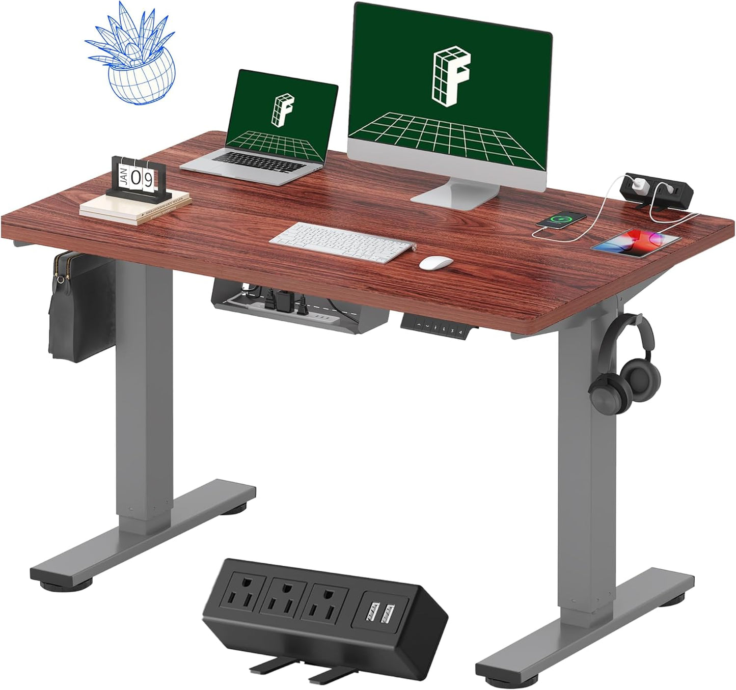 FLEXISPOT EN2 Whole-Piece Standing Desk with Clamp Power Strip, 48 x 30'' Height Adjustable Electric Stand Up Desk with Cable Management (Gray Frame + Mahogany Top, 2 Packages)