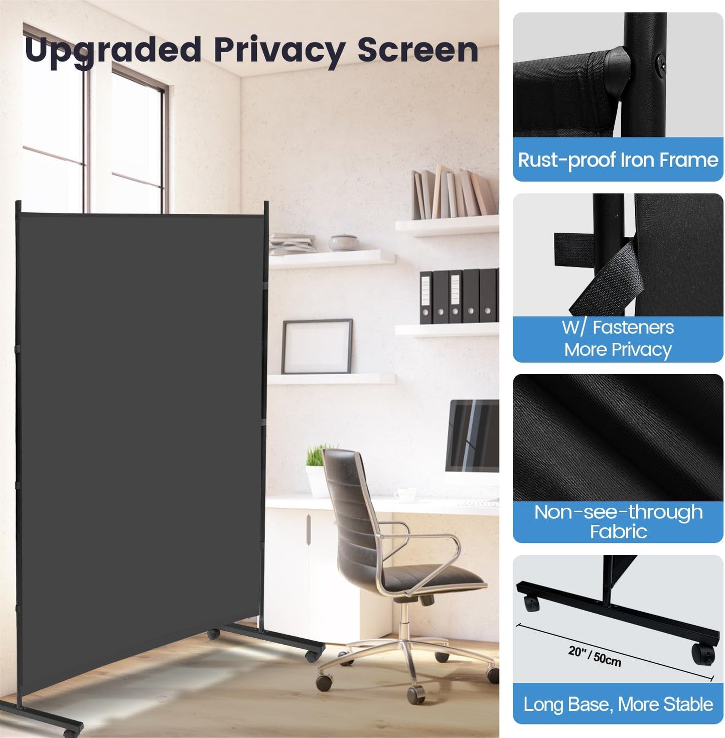 MAYOLIAH Large Single Panel Room Divider on Wheels, 71”W x 75”H Rolling Privacy Screen, Portable Wall Divider for Home Office Partition, Grey