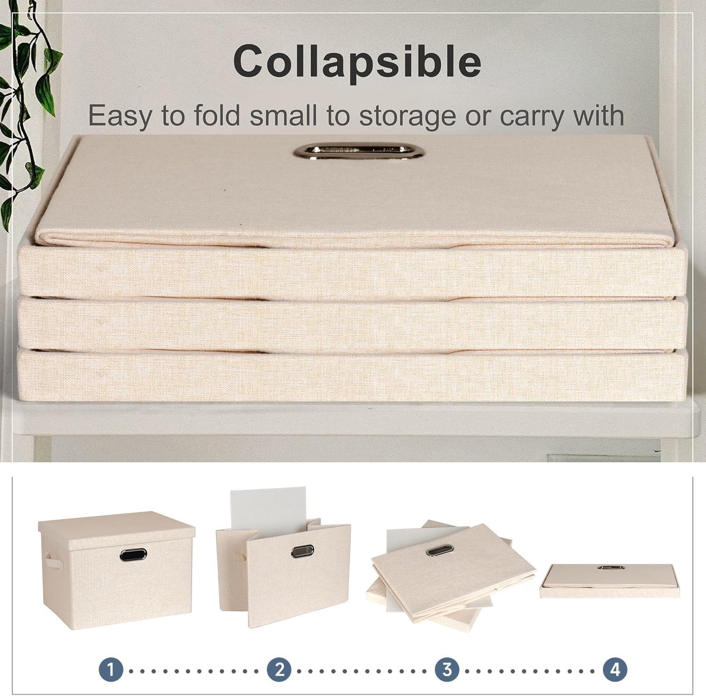 Large 17" 36 Quart Collapsible Stackable Storage Bins with Lids, 3 Packs Light Orange Linen Fabric Closet Boxes with Lids, Storage Cube Baskets Container Organizers for Office (17x12x11)