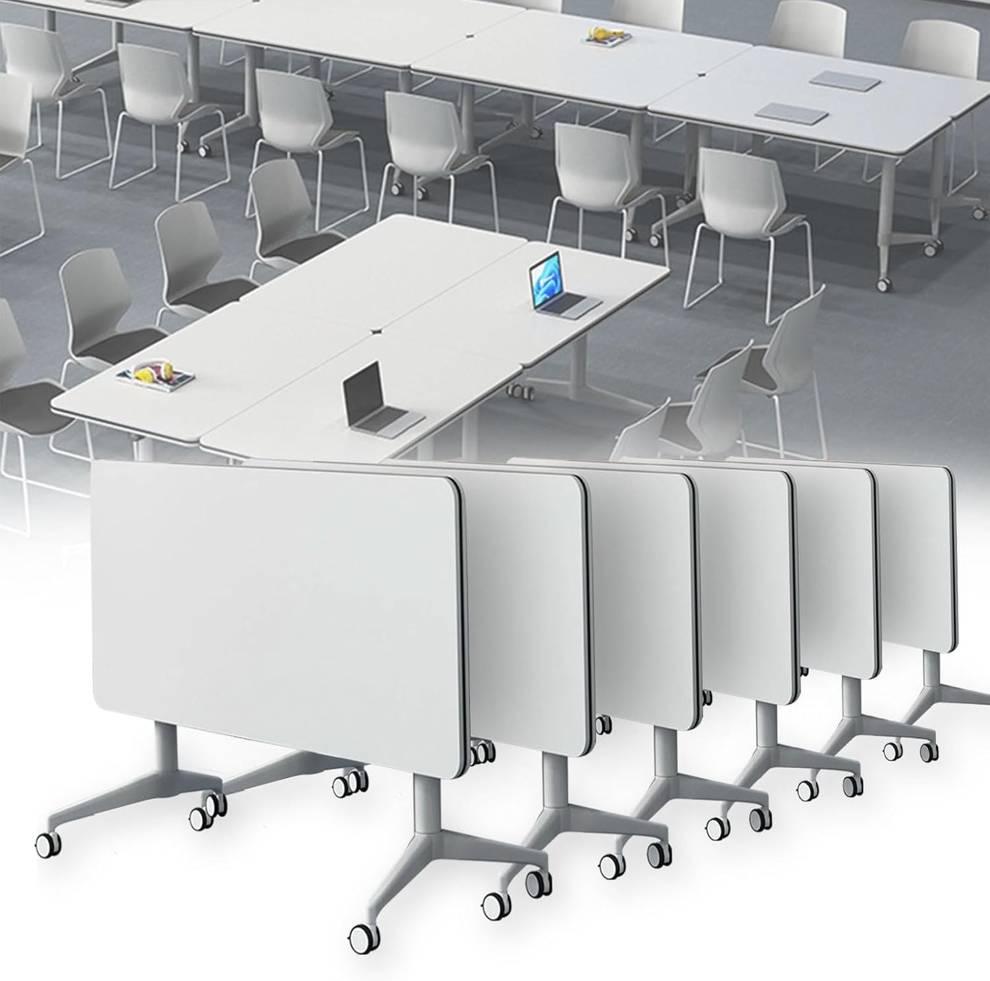 Conference Table Folding Conference Table, Modern Conference Room Table White Meeting Table Flip Top Large Mobile Training Table, Mobile Training Seminar Table for Office Classroom (6pack 70.8in)