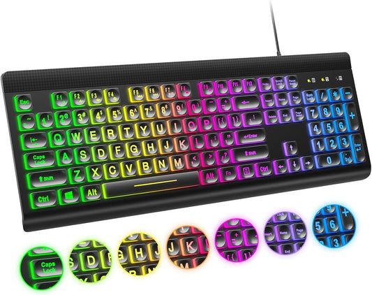 Large Print Backlit Keyboard, USB Wired Computer Keyboard, Full Size Keyboard with Rainbow Illuminated LED Compatible for Windows Desktop, Laptop, PC, Gaming, Black