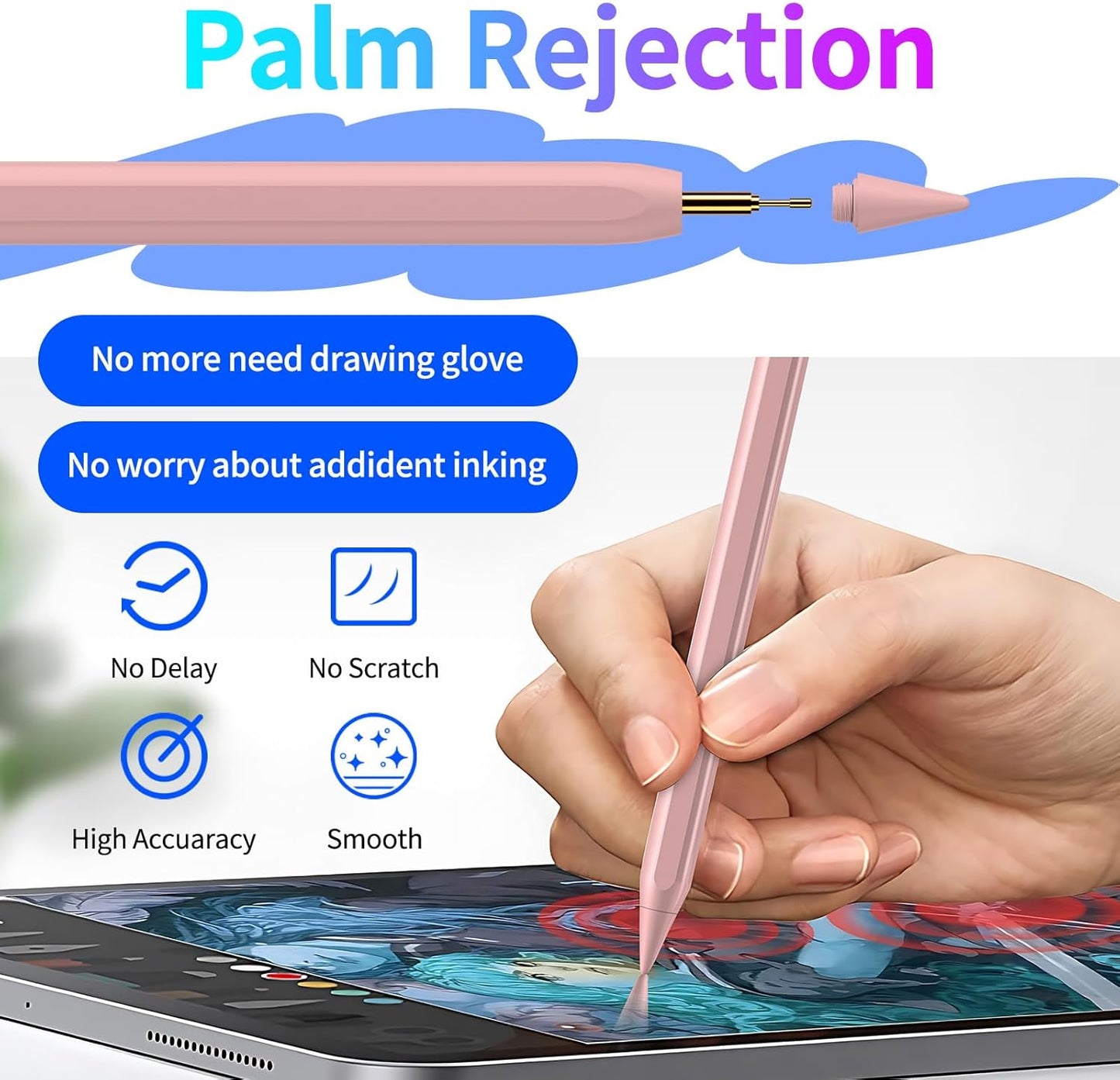 Stylus Pen for iPad, Fast Charging Pencil for Pad with Palm Rejection, Tilt Sensitivity for iPad 6-10, Pro 11"/12.9"/M4, Air 3/4/5/M2, Mini 5/6, Pink
