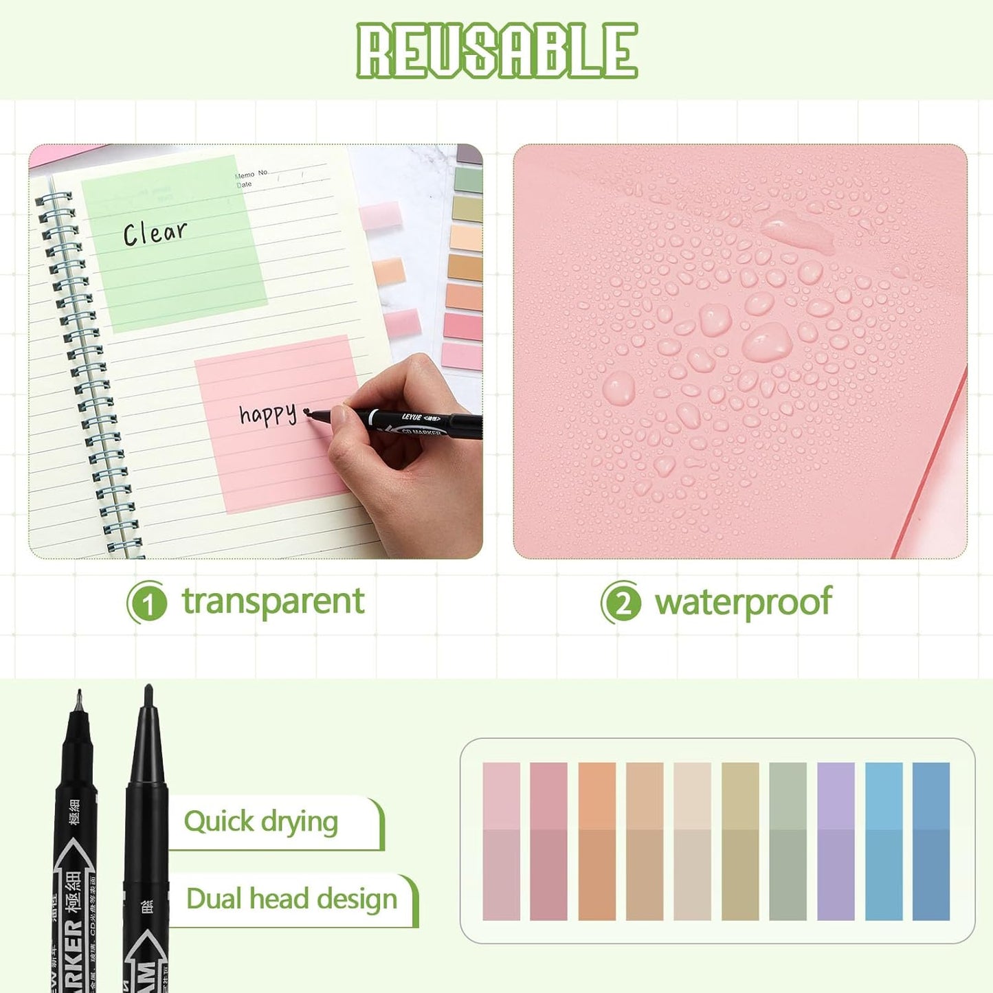Jutom 39 Pcs Aesthetic Book Annotation Kit Highlighter with Pencil Case Bag Gel Pen Transparent Sticky Note Taking Bible Study College School Supplies(Green,Kawaii Style)