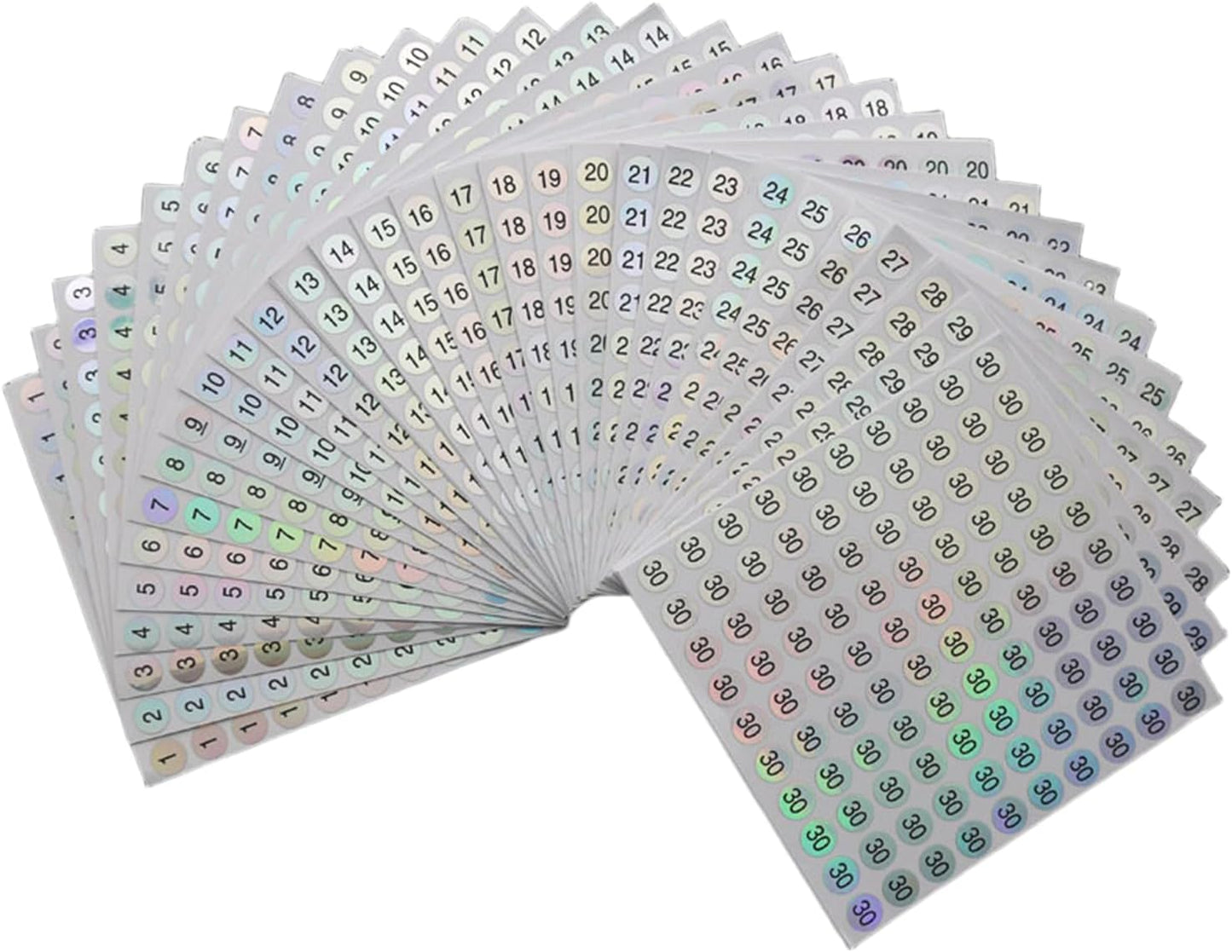 30 Sheets 1 to 30 Waterproof Reflective Laser Number Stickers,Round Self Adhesive Stickers/Inventory/Storage Organizing Sticker