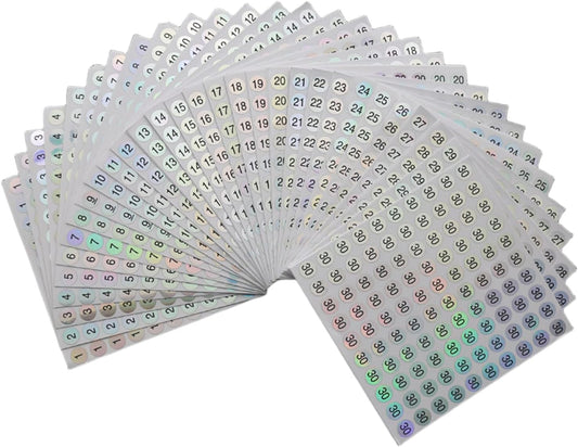 30 Sheets 1 to 30 Waterproof Reflective Laser Number Stickers,Round Self Adhesive Stickers/Inventory/Storage Organizing Sticker