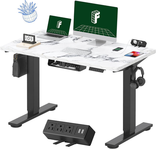 FLEXISPOT EN2Whole-Piece Standing Desk with Clamp Power Strip, 48 x 24'' Electric Stand Up Height Adjustable Desk with Cable Management (Black Frame + 48" Marble Gray, 2 Packages)
