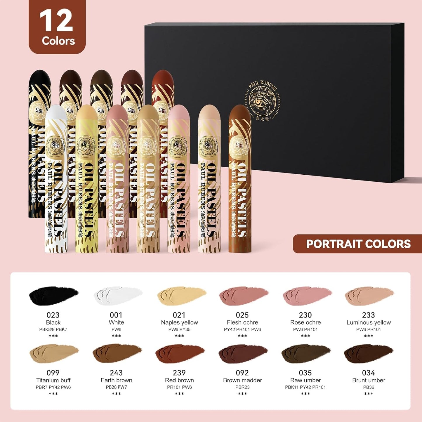 Paul Rubens Large Oil Pastels Set - 12 Portrait Colors (0.79" x 4.72" Jumbo Sticks), Vibrant, Creamy Texture and Blends Easily for Artists, Students and Professionals, Ideal for Filling in Large Areas