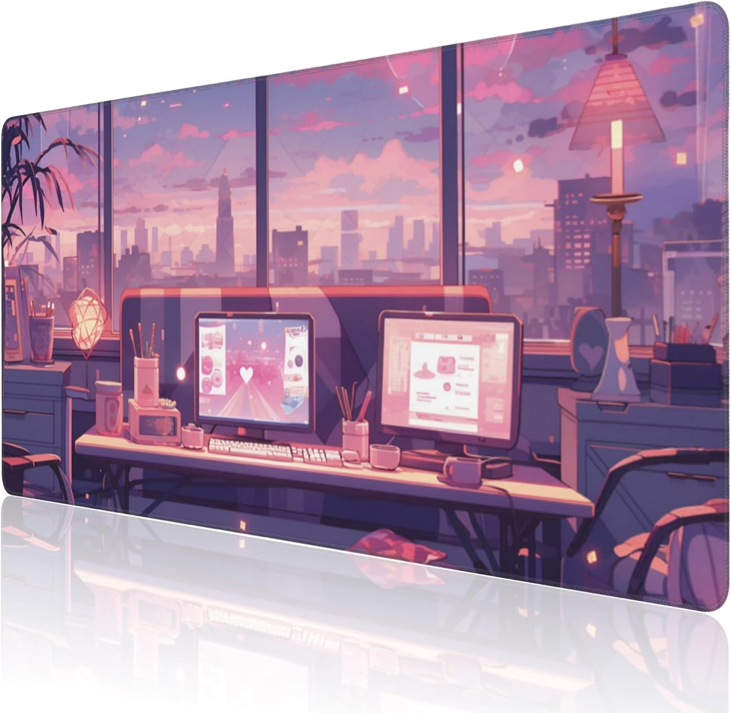 Extended Large Gaming Mouse Pad, Cute Pink Cyberpunk Lofi Large Desk Mat for Desktop, Non-Slip Rubber Base Stitched Edges Long Computer Keyboard Desk Pad Mouse Mat for Gaming Home Office 35.4"X15.7"