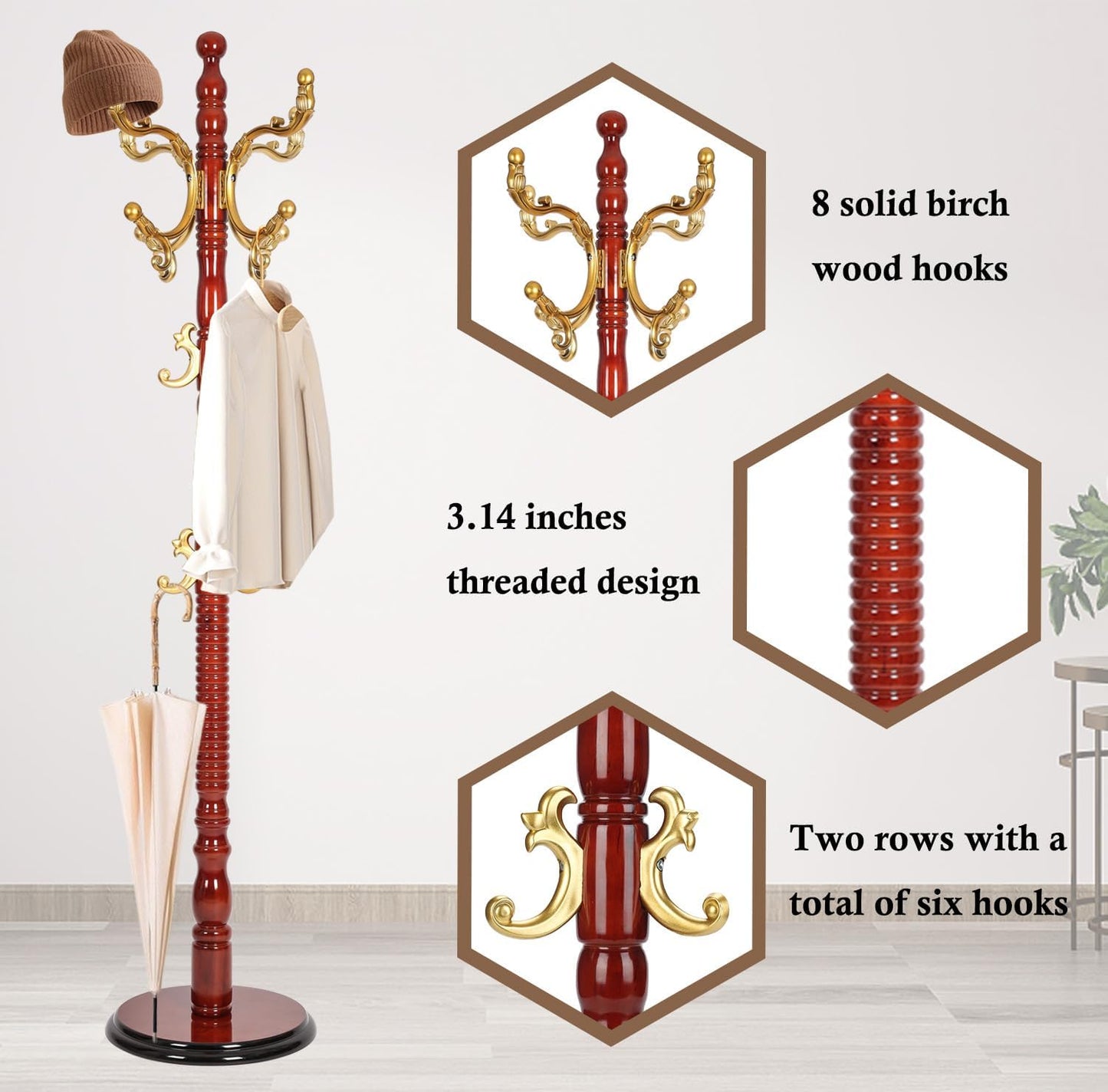 Coat Rack Stand, Solid Wooden Coat Tree with 14 Hooks, Heavy Duty Coat Rack Freestanding with Sturdy Round Base, Natural Birch Wood Coat Hanger Stand for Entryway Bedroom (Begonia)