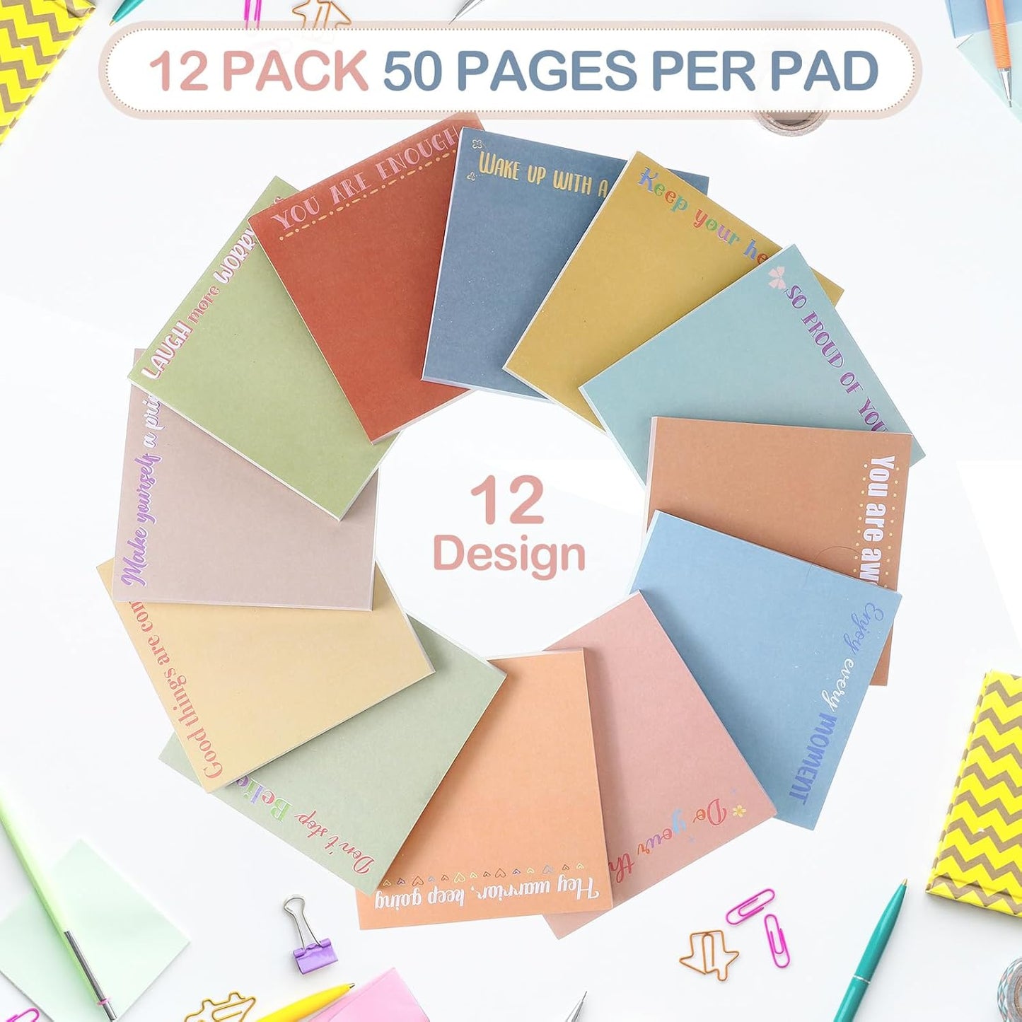 Zonon 12 Pieces Inspirational Sticky Notes 3 x 3 Inch Motivational Fun Notepads Positive Gifts for Teacher Nurse Coworkers Work Studying Supplies(Morandi Style)