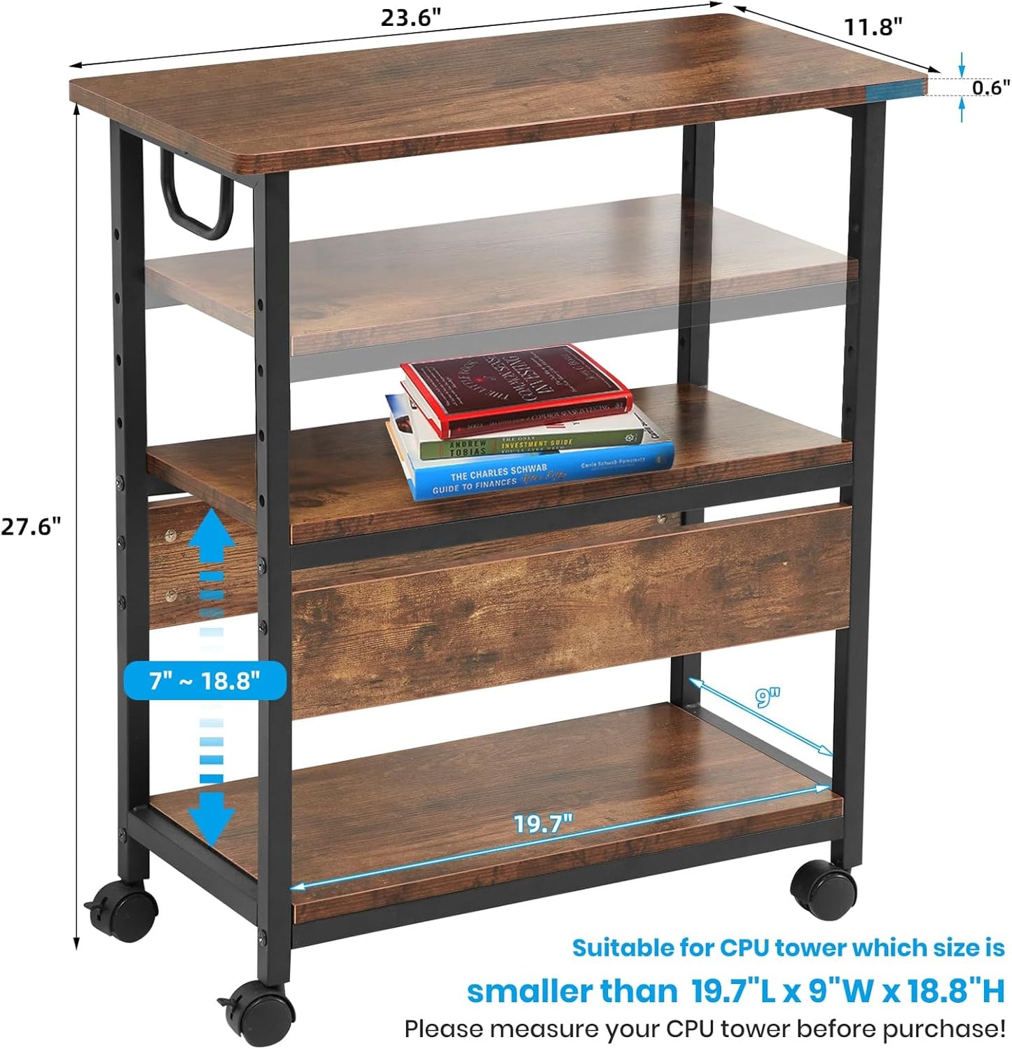 Computer Tower Stand Under Desk, Computer Tower and Printer Stand, Computer & Machine Carts, 3-Tier Computer Tower Floor Stand with Side Shelf, Wood and Metal Printer Table for Home Office