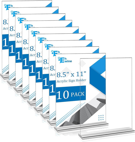EHWINE 10 Pack 8.5 x 11 Acrylic Sign Holder, Clear Signs Display Holder Double-Sided Stand up Table Top Sign Holders Flyer Stand Frames Suitable for Office Business Store Hotels Party(Provide Non-slip Mats)