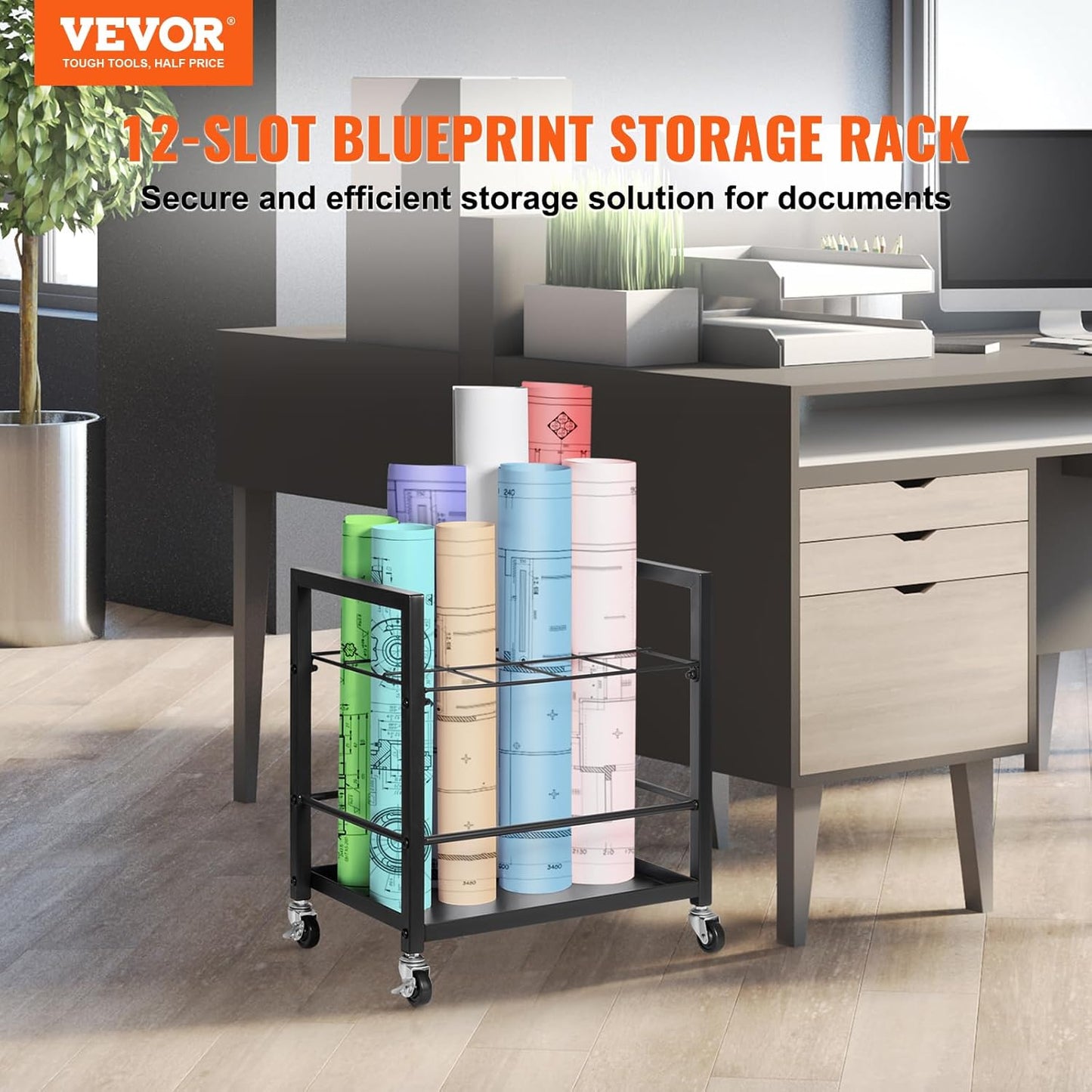 VEVOR Blueprint Storage Rack, 12 Slots Blueprint Holder with Wheels, Mobile Metal Storage Cart for Map Poster Architectural Construction Plan, Roll File Organizer for Home, Office, School
