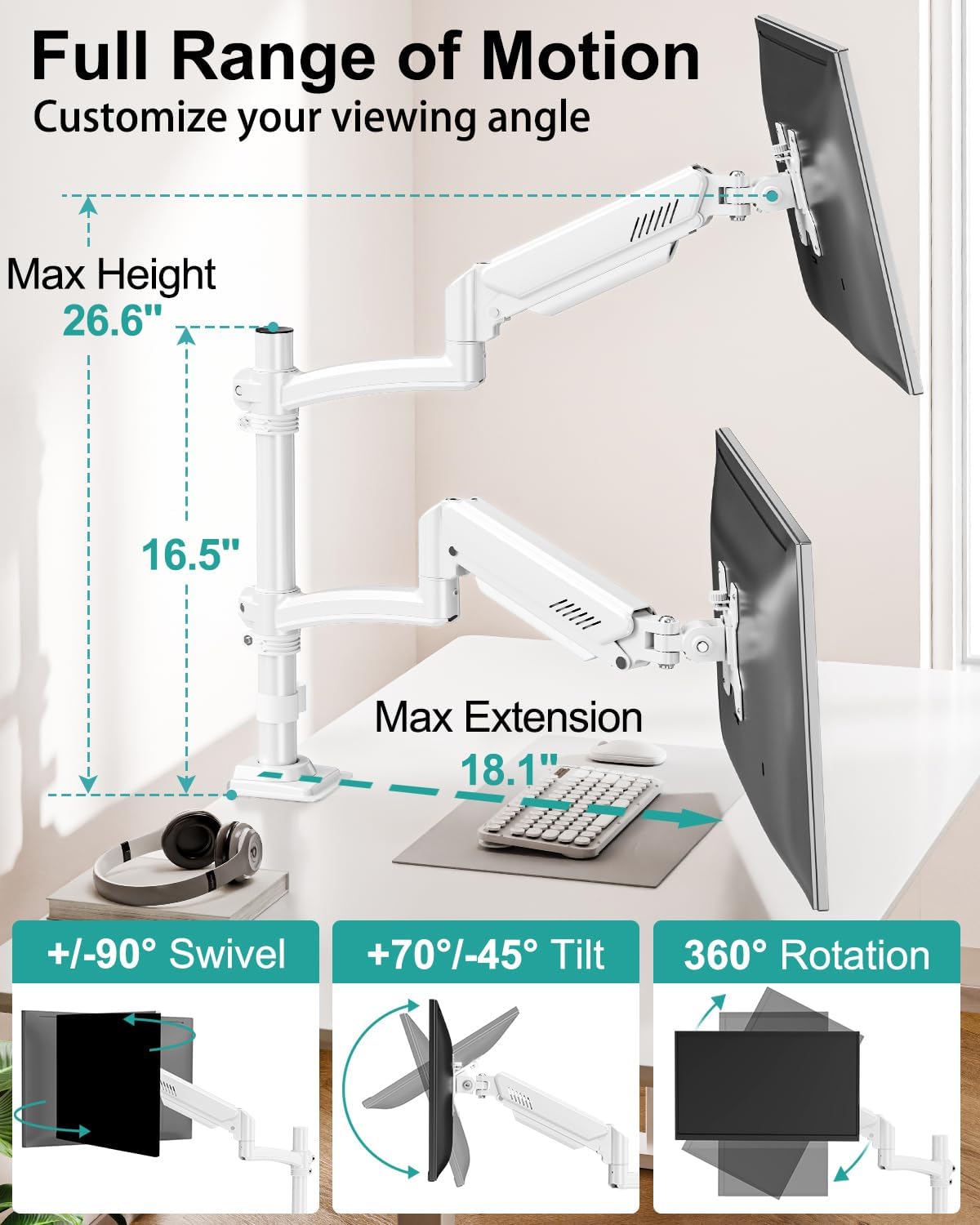 Dual Monitor Stand for Desk, Taller Monitor Arms for 2 Screens up to 32 inch, Ergonomic Adjustable Gas Spring Double Computer Monitor Mount, Holds 4.4-22lbs, VESA 75/100mm, White, Freelift