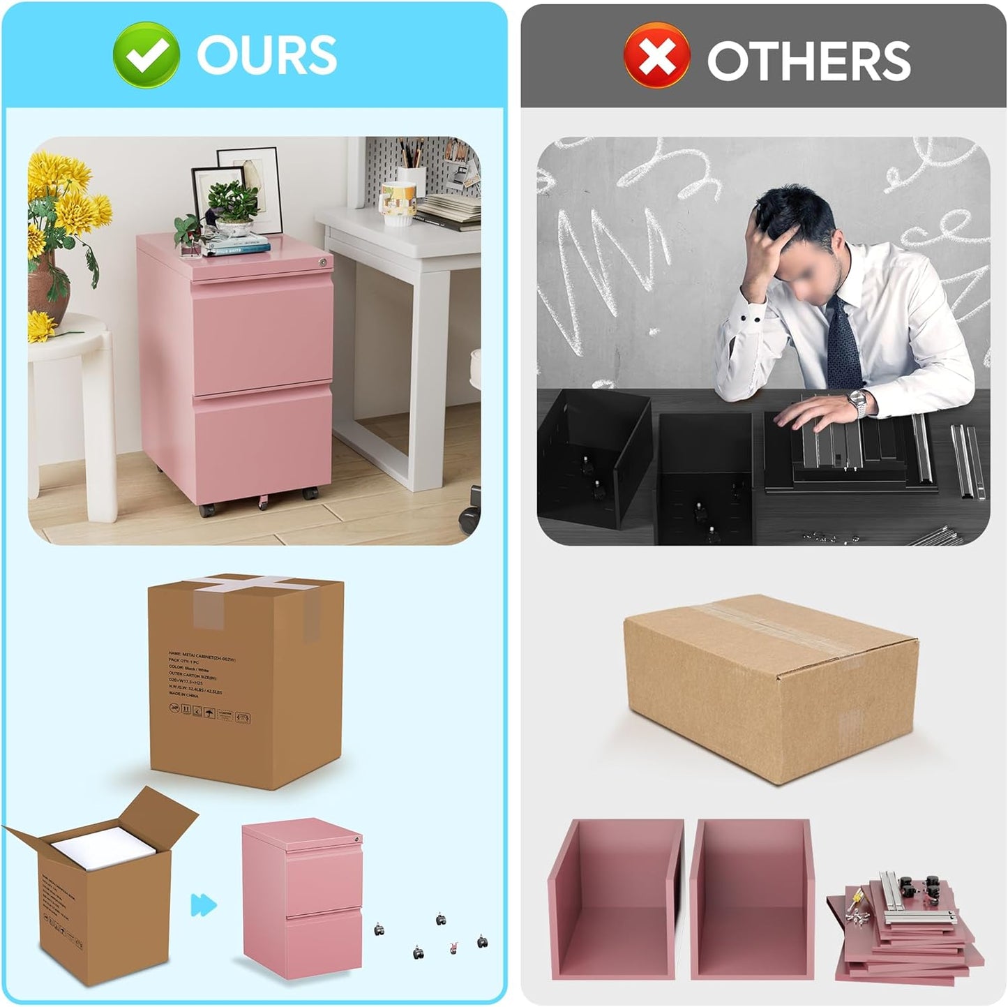 Aobabo 2 Drawer File Cabinet, Lockable Metal Filing Cabinet with Wheels for Home Office, Legal/Letter Size, Fully Assembled Except Wheels, Pink