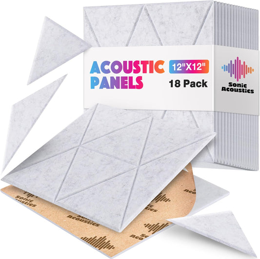 18 Pack Self-Adhesive Acoustic Panels, 12"x 12"x 0.4" Sound Absorbing Panels, High Density Square Sound Proof Noise Dampening Panels for Walls Home Studio Office, Trapezium Cutting Style, Silver Gray