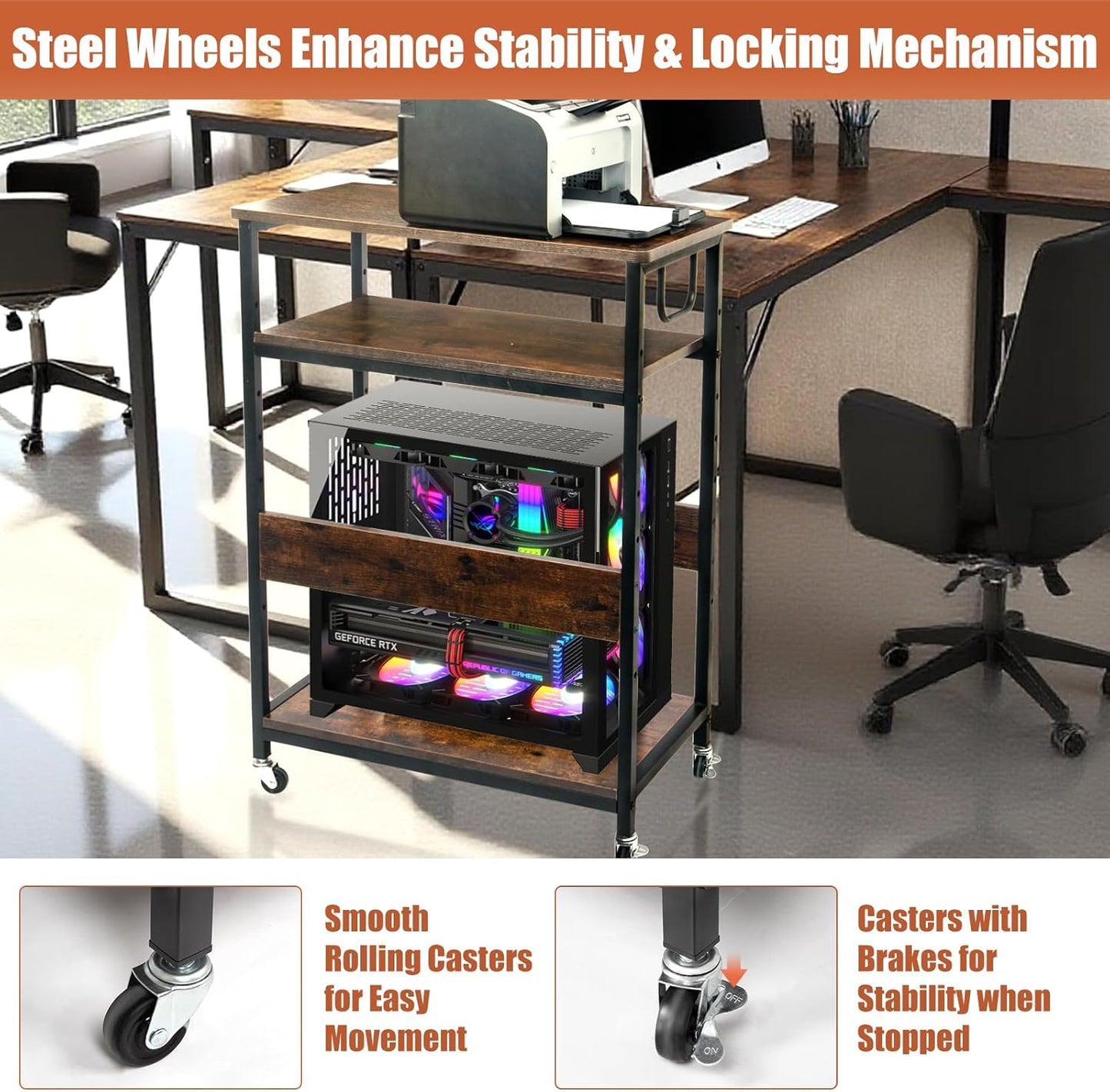 Extra Large Height Adjustable Computer Tower Stand, Computer & Machine Carts, PC Tower Stand, Printer Stands with Steel Wheels, Holds Up to 110 lbs (Fits 11" D x 22" W x 24.5" H Towers)
