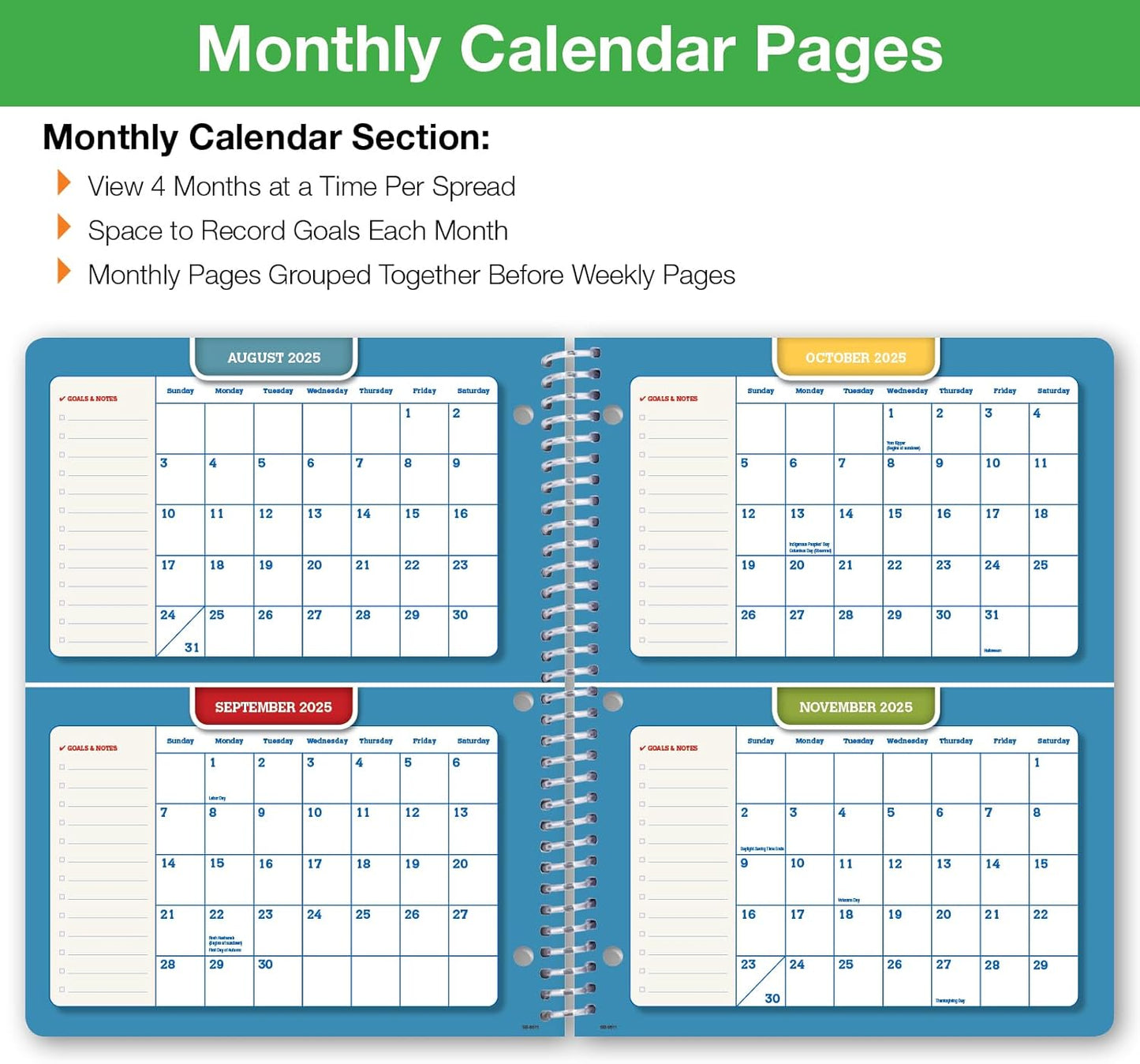 Global Datebooks Dated Middle School or High School Student Planner for Academic Year 2025-2026 Includes Ruler/Bookmark and Planning Stickers (Block Style - 8.5"x11" - Rainbow Linen)