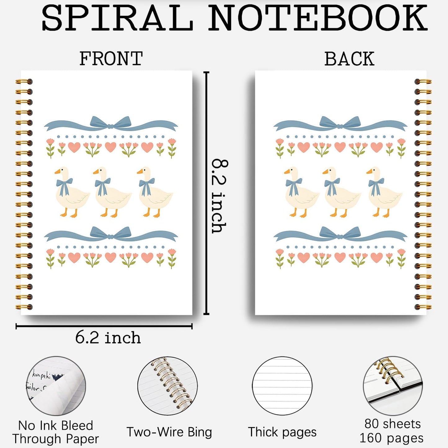 Guymn Coquette Blue Bow Goose Notebook, Groovy Aesthetic Floral Goose Journal for Kids Girls, Geese Animal Lover Gifts Hardcover Spiral Notebooks Journals 5.5x8.3 Inch