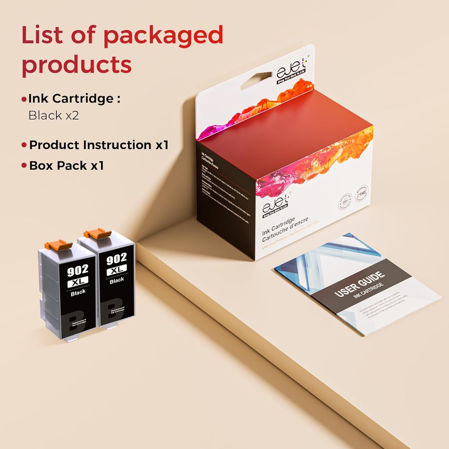 902XL Ink Cartridges for HP Printers Upgraded Replacement for HP 902 Ink Cartridges HP902XL Black Compatible for HP 902 XL Use to Officejet Pro 6978 6968 6958 6970 6962 6960 6975 Printer(2 Pack)