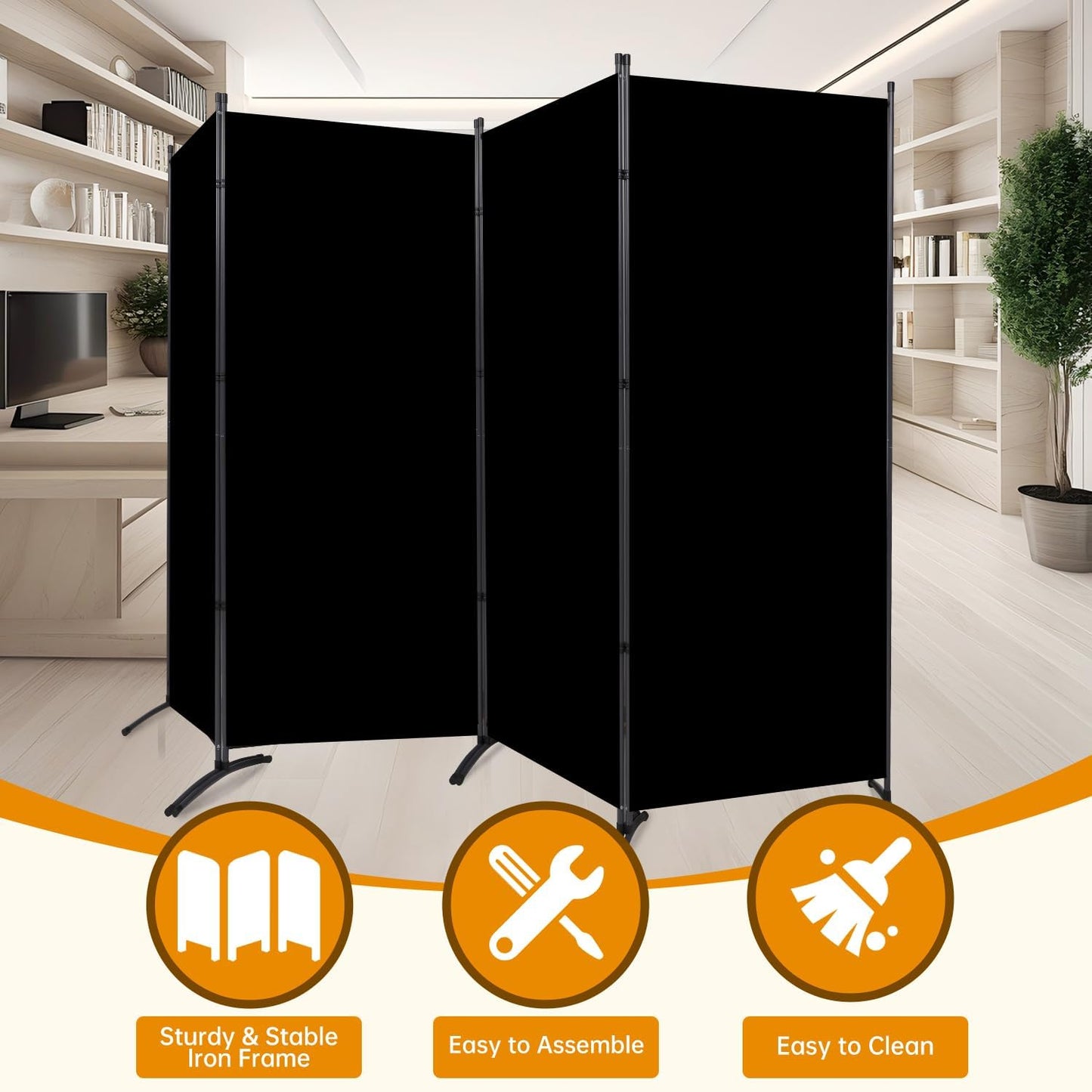 4 Panel Folding Privacy Screens, 6 FT Tall Wall Divider with Metal Frame, Freestanding Room Divider for Office Bedroom Study (4 Panel, Black)