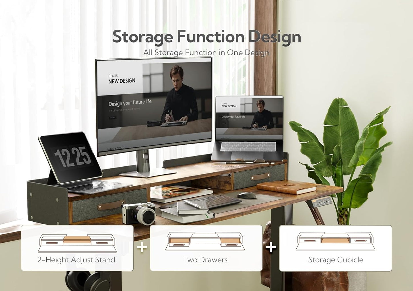 Claiks Standing Desk with Drawers, Adjustable Stand Up Electric Standing Desk Adjustable Height with Storage Shelf and Splice Board, 59 Inch, Rustic Brown