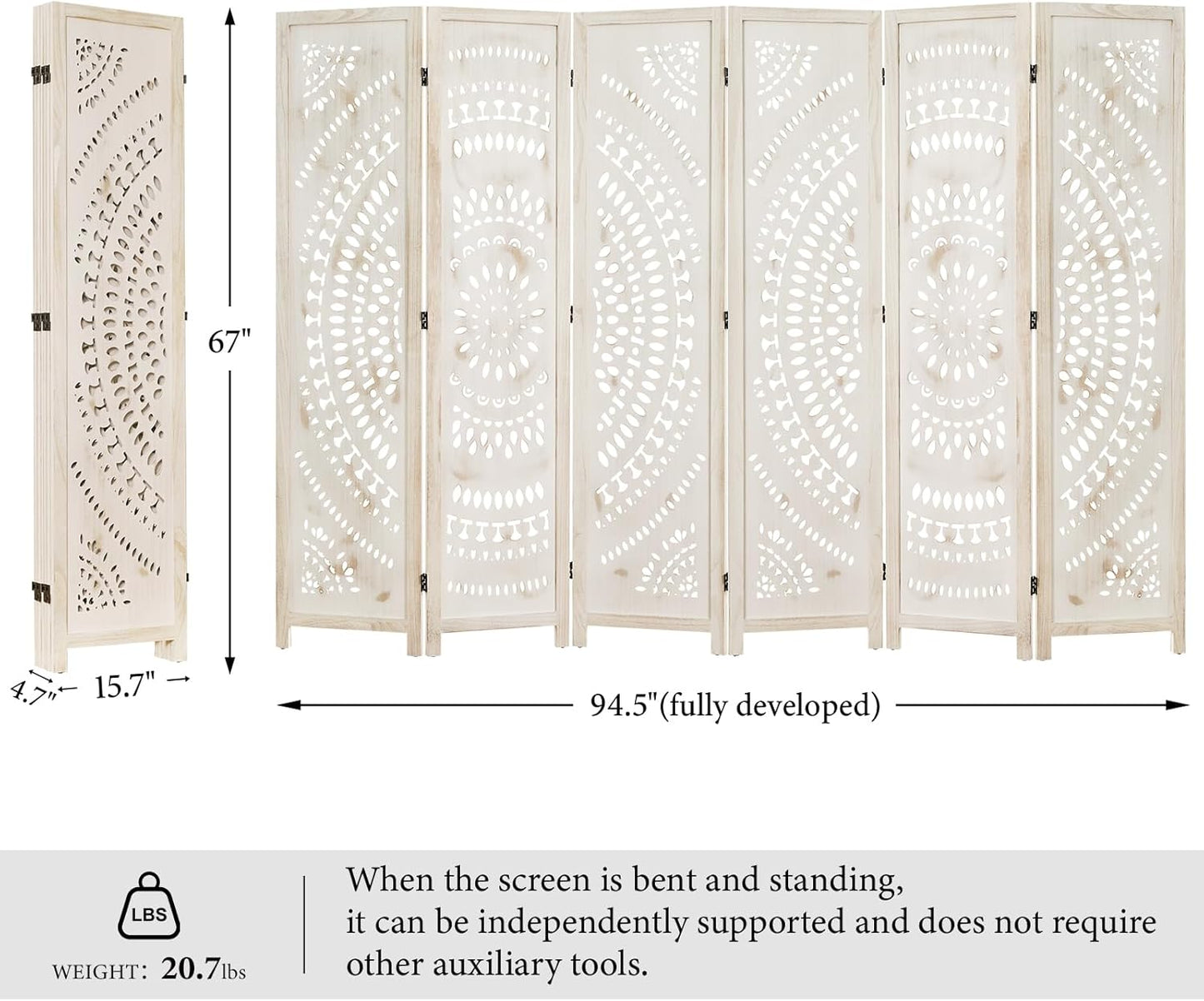 66.9Inch Folding Room Divider, 6 Panels Wood Carved Privacy Screens, Free Assembled Freestanding Partition for Home Office Restaurant Bedroom (White-Washed)