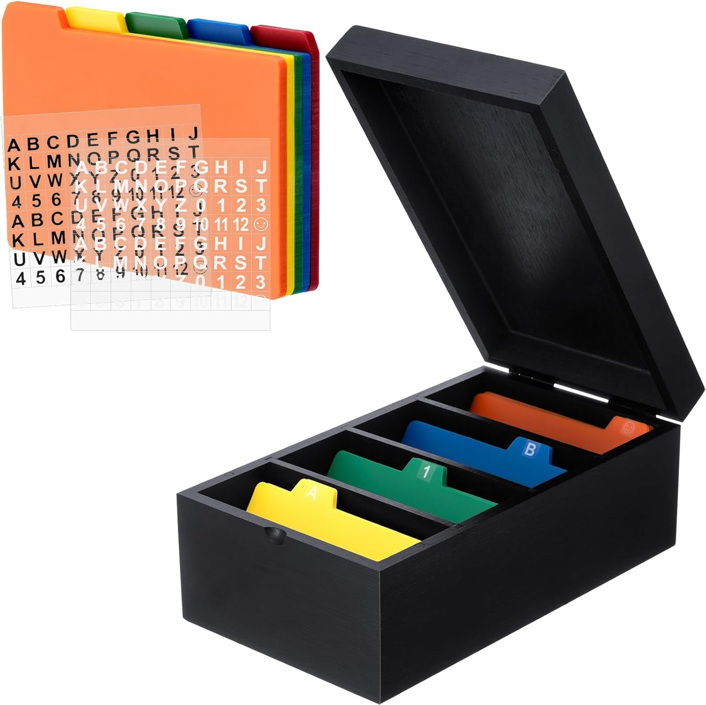 Henoyso 3 x 5 Inch Index Card Holder Set, Bamboo Recipe Box Organizer Index Cards Organizer, 50 Pcs Dividers 2 Sheets Alphabet Number Stickers File Note Holders for Office Business Home Kitchen, Black
