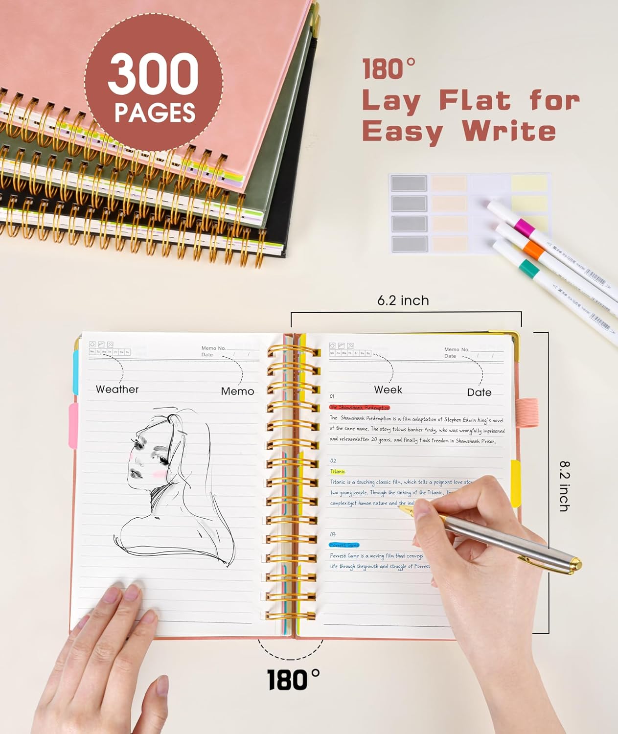 Hardcover Spiral Notebook journal with Removable Dividers Tabs, 300 Pages Leather 5 Subject Notebook College Ruled, 100GMS A5 Notebooks for Work School Note taking,Lined Journal for Women,A5-Pink