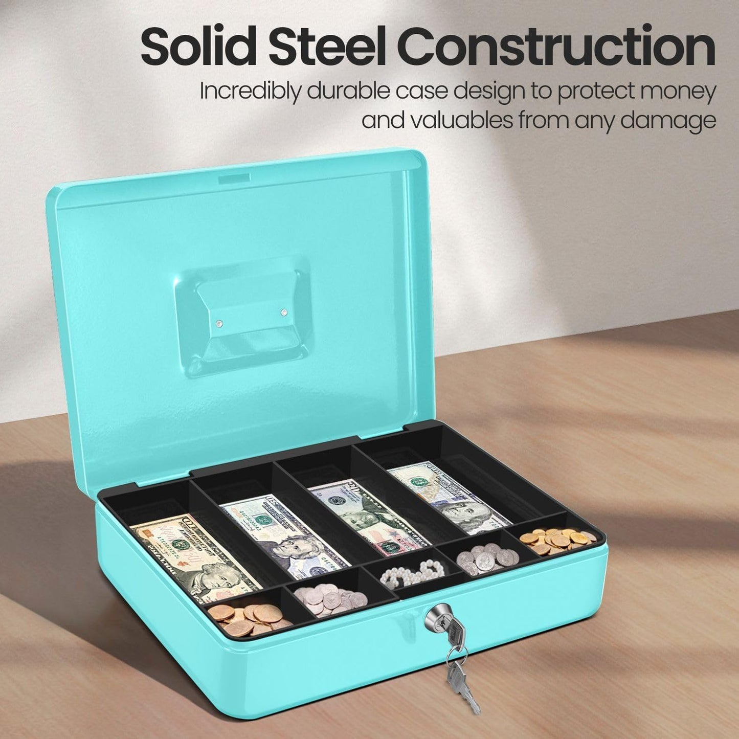 Flexzion Cash Box with Money Tray and Lock - Metal Cash Box for Small Businesses, 9-Compartment Blue Money Box with Removable Tray and Key, Portable Storage for Checks and Coins